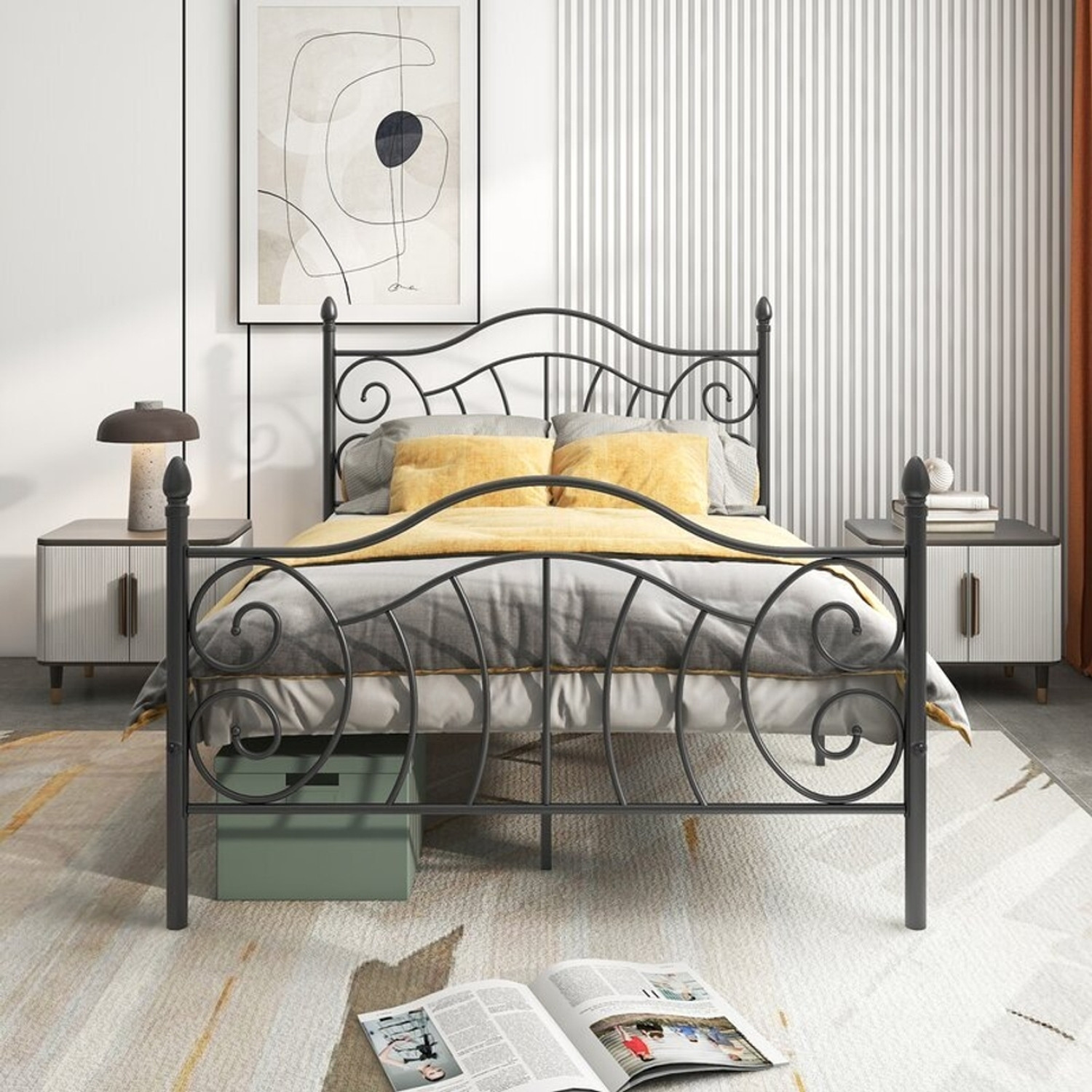 Image of Vibrant Interior ZOPYROSE Metal Double Bed, 190.5 cm x 121.92 cm (6.25 ft x 4.0 ft) (Finish Color - BLACK, Delivery Condition - DIY(Do-It-Yourself))