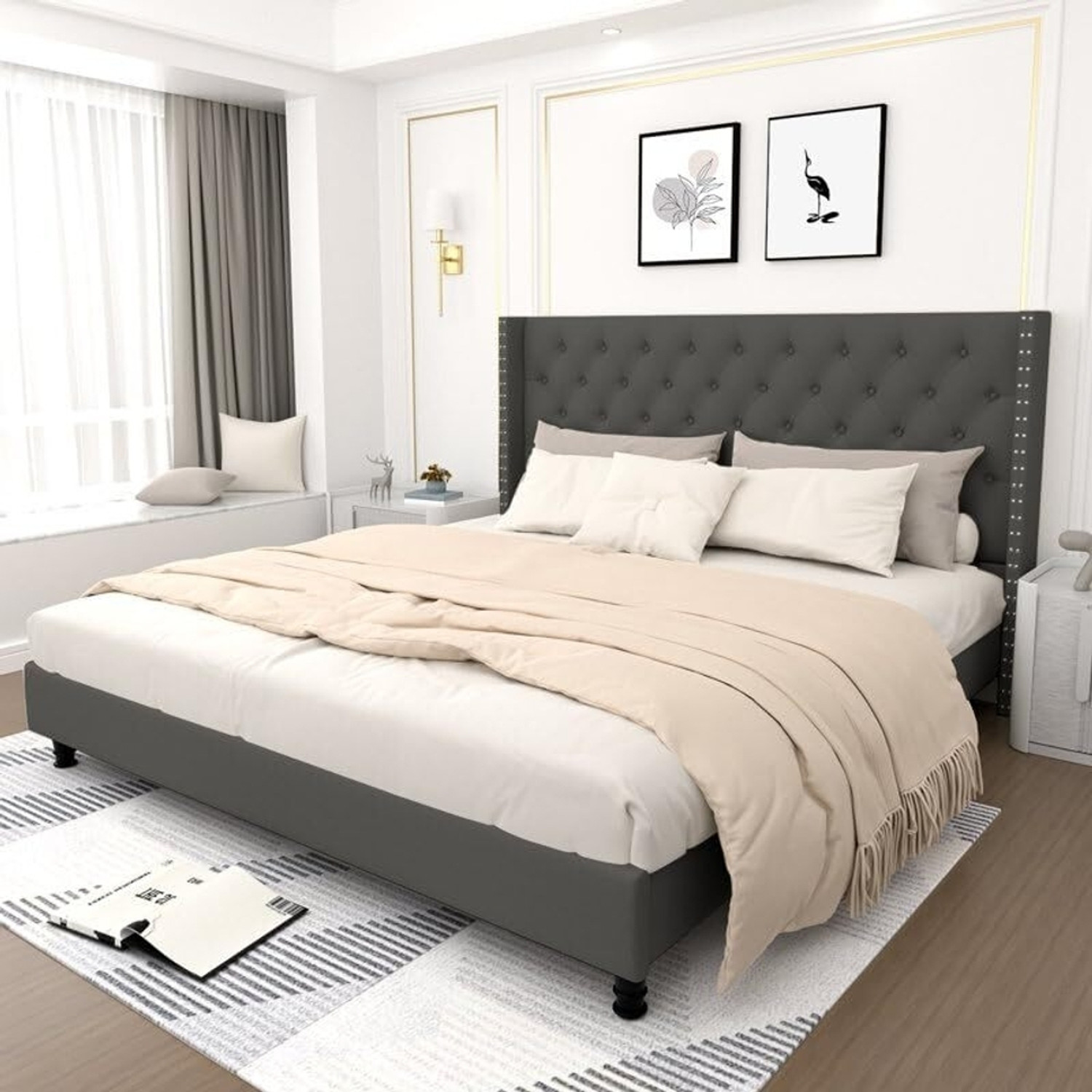 Image of Worldwood Low Height King Size Bed Without Storage | Wooden Double Bed | Solid Wood King Bed, 208 cm x 187 cm (6.82 ft x 6.14 ft) (Finish Color - Cyan, Delivery Condition - DIY(Do-It-Yourself))
