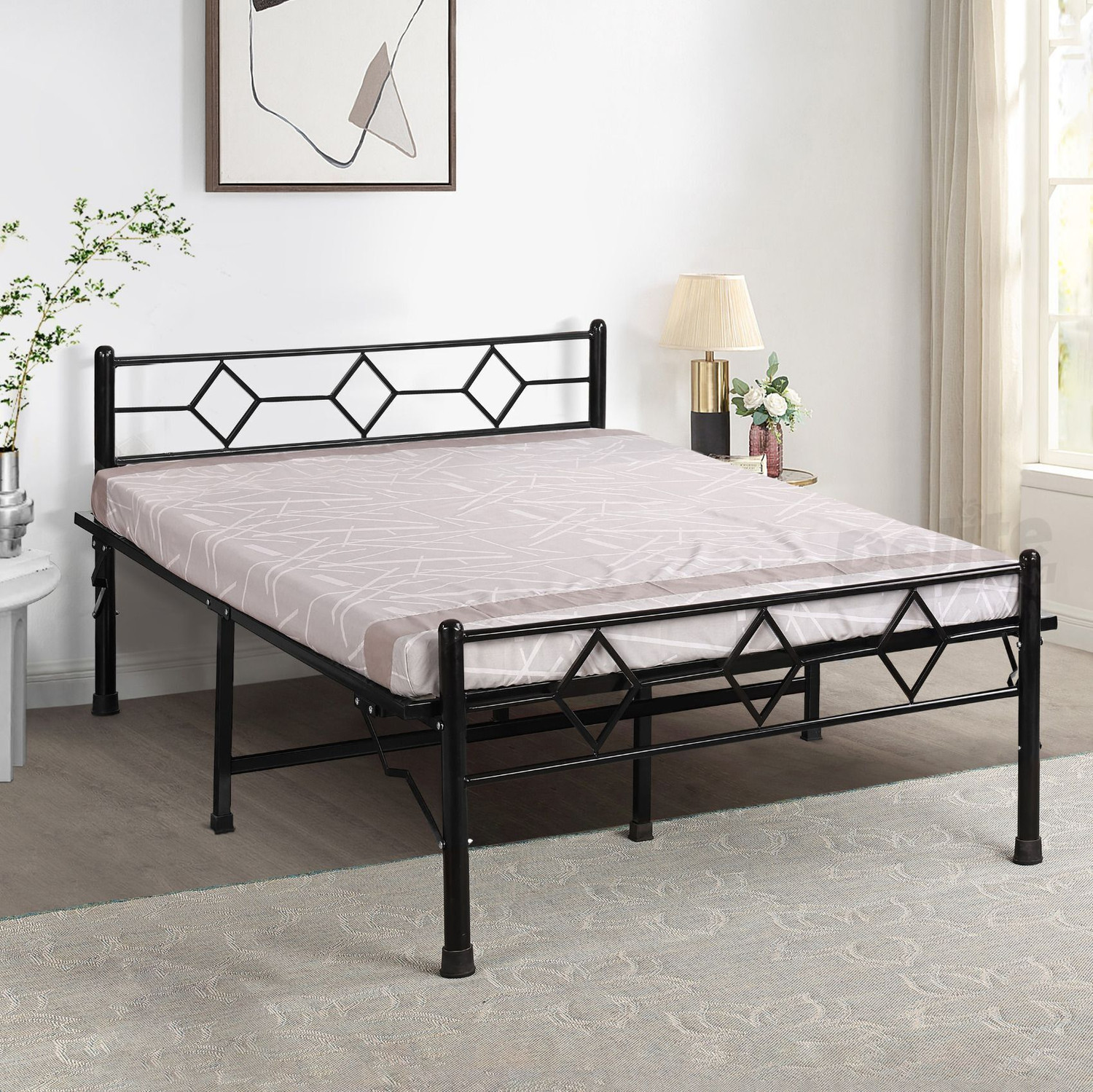Image of Vibrant Interior ZOPYROSE Black Metal Queen Bed, 190.5 cm x 152.4 cm (6.25 ft x 5.0 ft) (Finish Color - BLACK, Delivery Condition - DIY(Do-It-Yourself))