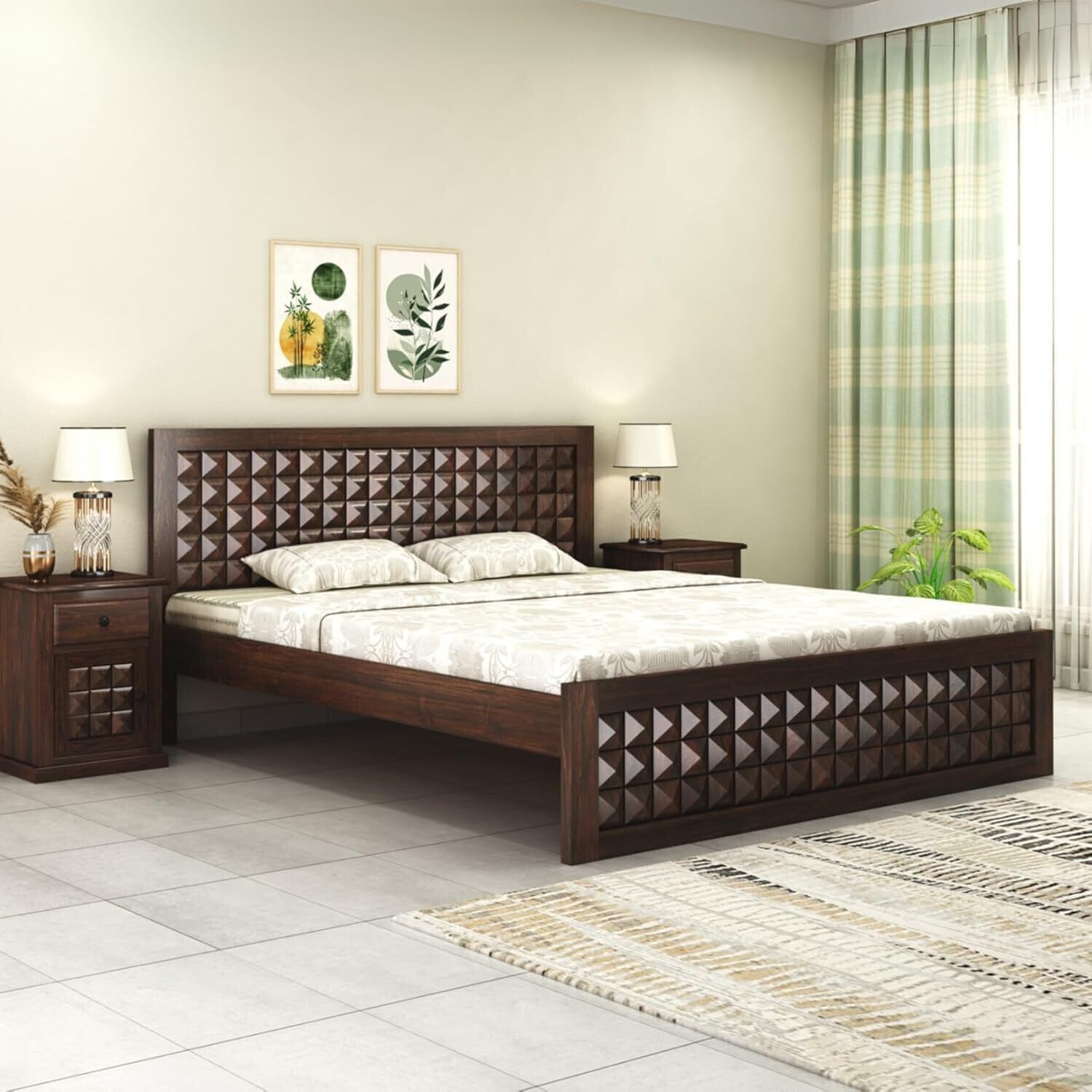 Image of Worldwood Low Height King Size Bed Without Storage | Wooden Double Bed | Solid Wood King Bed, 208 cm x 187 cm (6.82 ft x 6.14 ft) (Finish Color - Cyan, Delivery Condition - DIY(Do-It-Yourself))