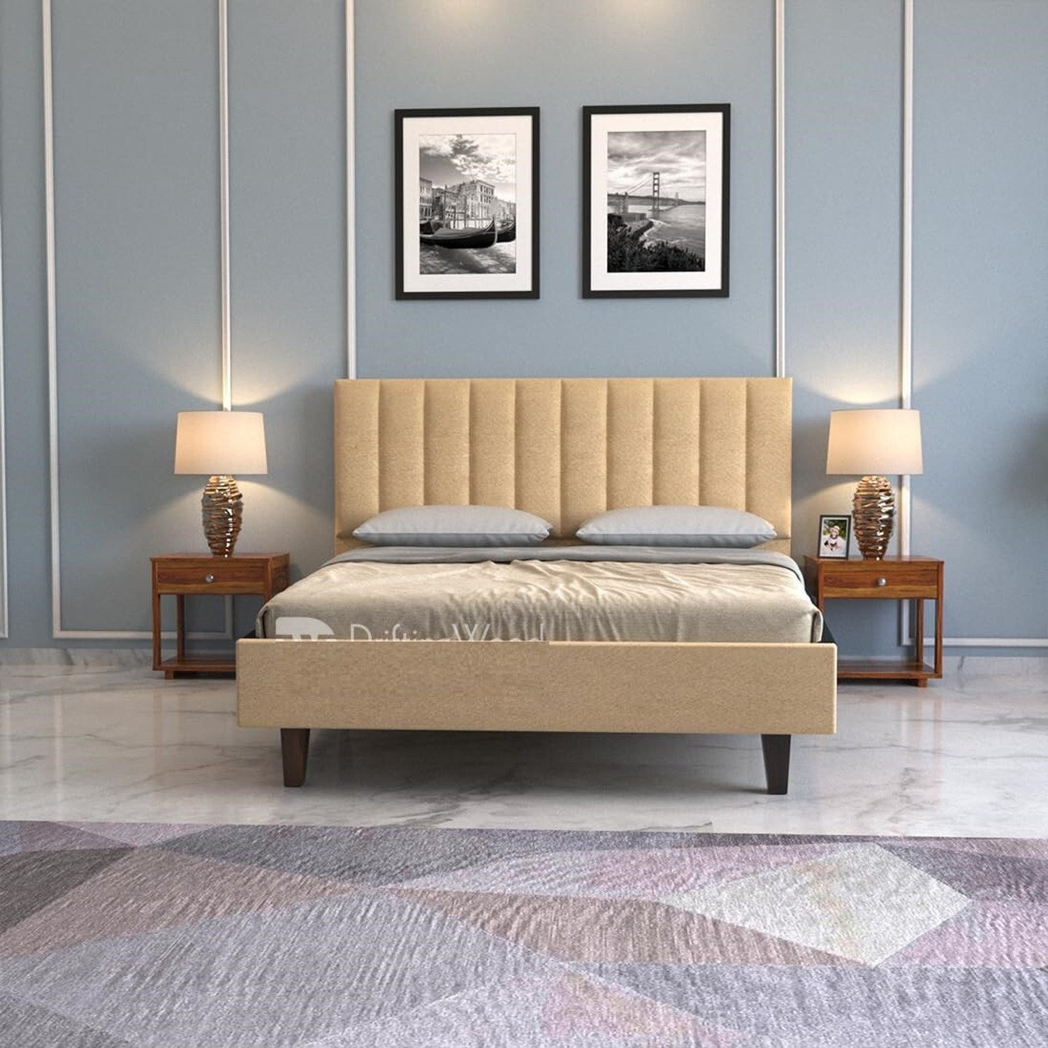 Image of Worldwood Low Height King Size Bed Without Storage | Wooden Double Bed | Solid Wood King Bed, 208 cm x 187 cm (6.82 ft x 6.14 ft) (Finish Color - Cyan, Delivery Condition - DIY(Do-It-Yourself))