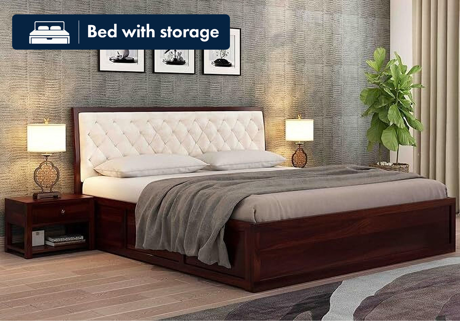 Image of GOYALINTERIOR Sheesham Wood King Bed /Wooden Bed /Palaung With Hydraulic Storage For Home Solid Wood King Hydraulic Bed, 205 cm x 190 cm (6.73 ft x 6.23 ft) (Finish Color - Honey HYD, Delivery Condition - DIY(Do-It-Yourself))