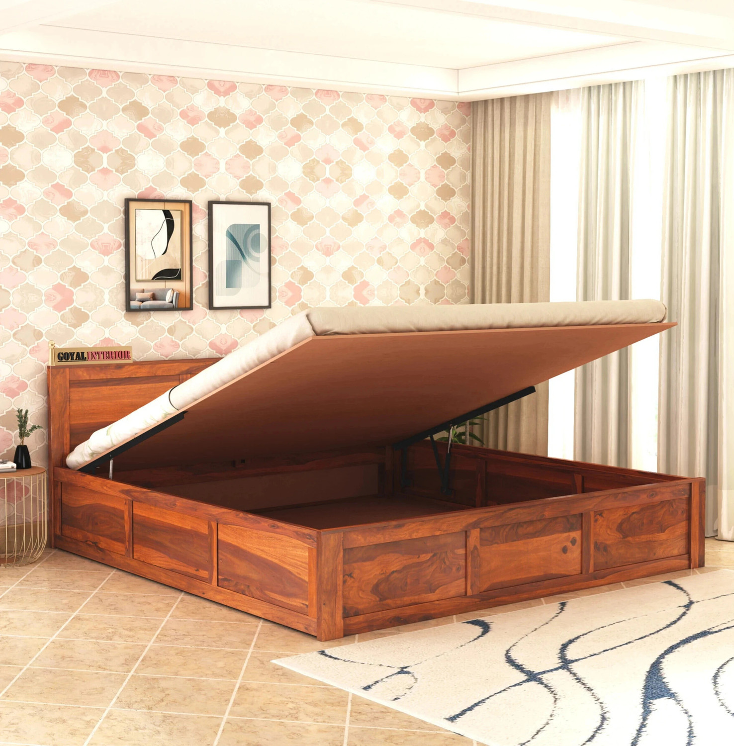 Image of GOYALINTERIOR Sheesham Wood King Bed /Wooden Bed /Palaung With Hydraulic Storage For Home Solid Wood King Hydraulic Bed, 205 cm x 190 cm (6.73 ft x 6.23 ft) (Finish Color - Honey HYD, Delivery Condition - DIY(Do-It-Yourself))