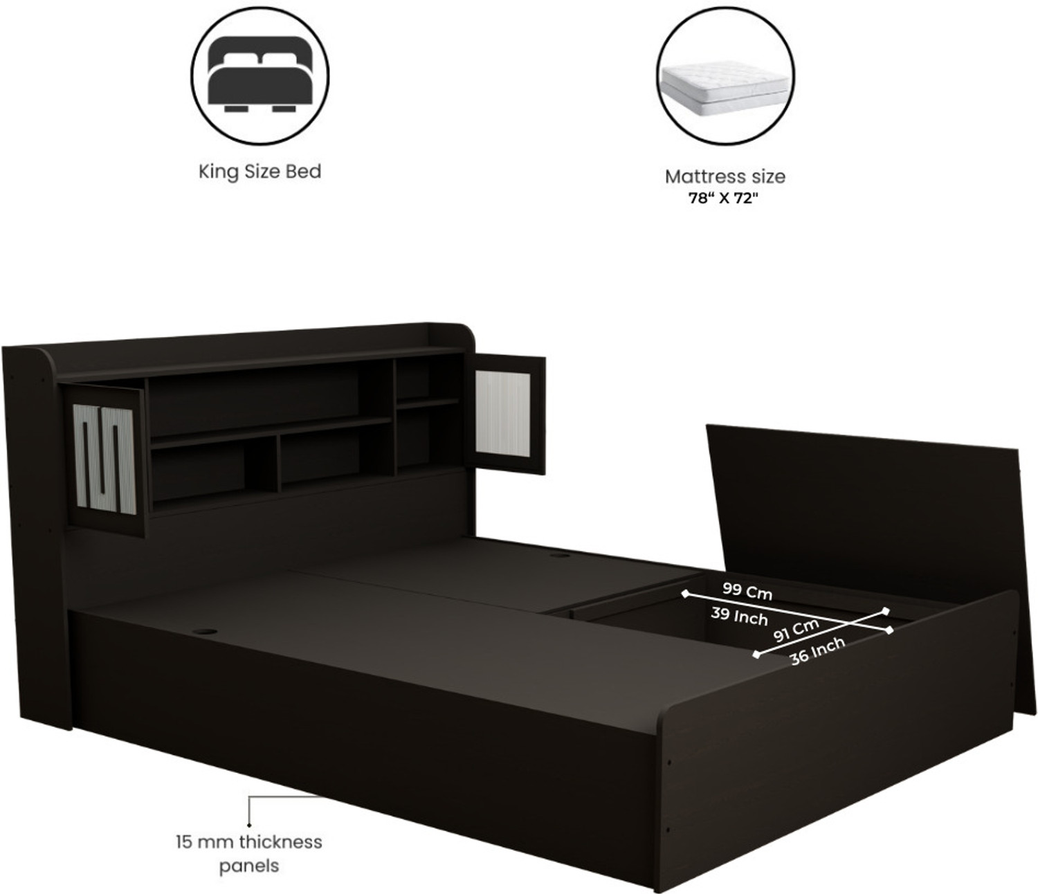 Image of neuspace Amber King Size Bed with Headboard & Box Storage Engineered Wood | Engineered Wood King Box Bed, 221 cm x 194 cm (7.25 ft x 6.36 ft) (Finish Color - Wenge Polycarbonate, Delivery Condition - Knock Down)