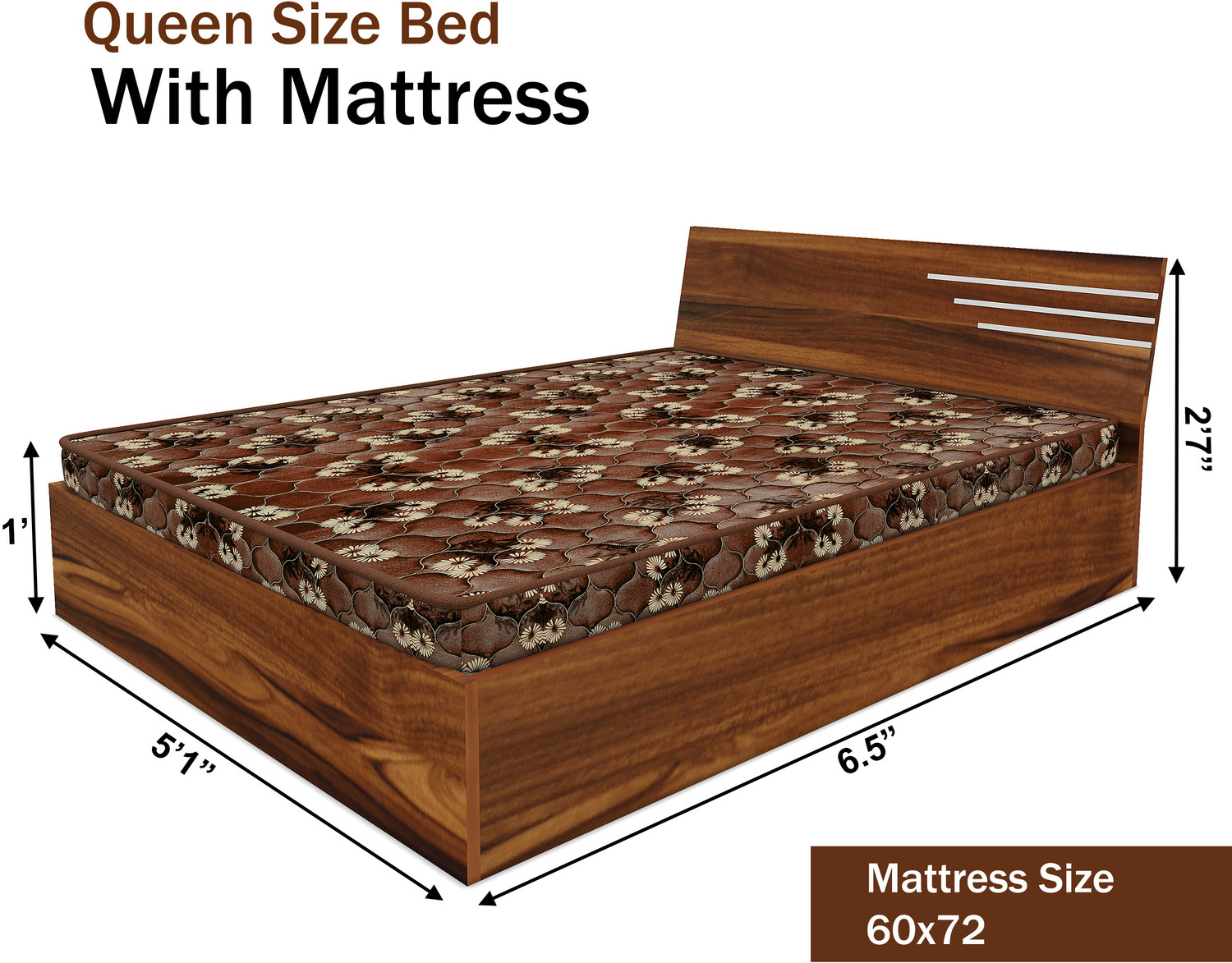 Image of Bharat Lifestyle Amsterdam Bed With Mattress Engineered Wood Queen Bed, 197 cm x 155 cm (6.46 ft x 5.09 ft) (Finish Color - Brown With Mattress, Delivery Condition - Knock Down)