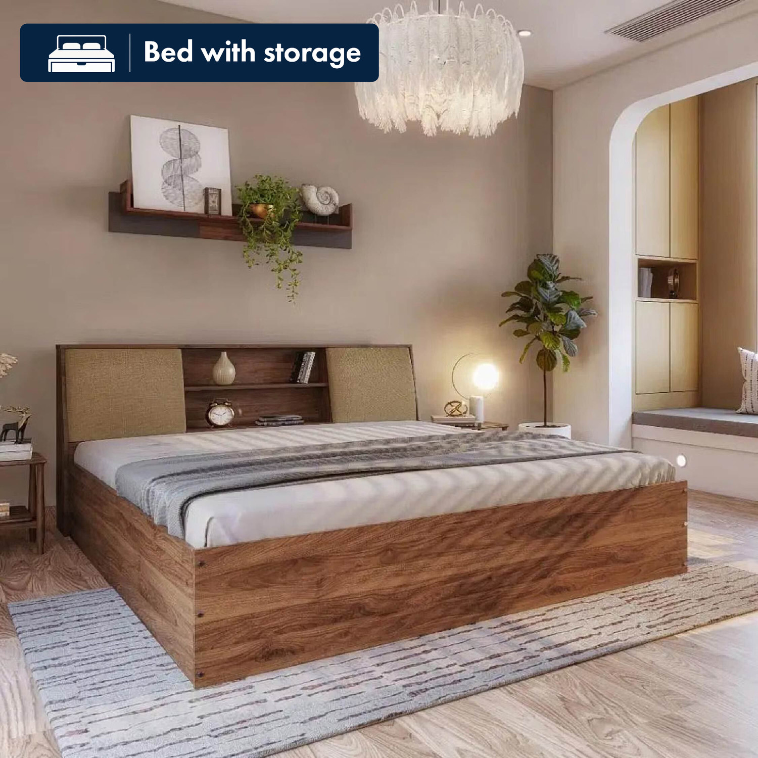 Image of Bharat Lifestyle Amsterdam Bed With Mattress Engineered Wood Queen Bed, 197 cm x 155 cm (6.46 ft x 5.09 ft) (Finish Color - Brown With Mattress, Delivery Condition - Knock Down)