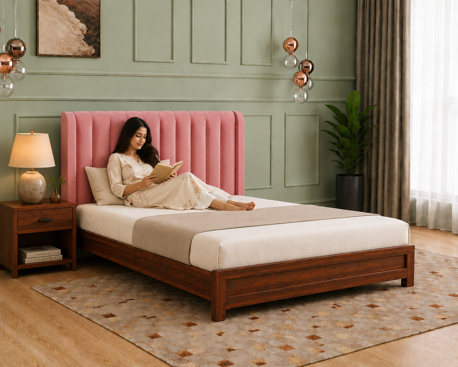 Image of Worldwood Low Height King Size Bed Without Storage | Wooden Double Bed | Solid Wood King Bed, 208 cm x 187 cm (6.82 ft x 6.14 ft) (Finish Color - Cyan, Delivery Condition - DIY(Do-It-Yourself))