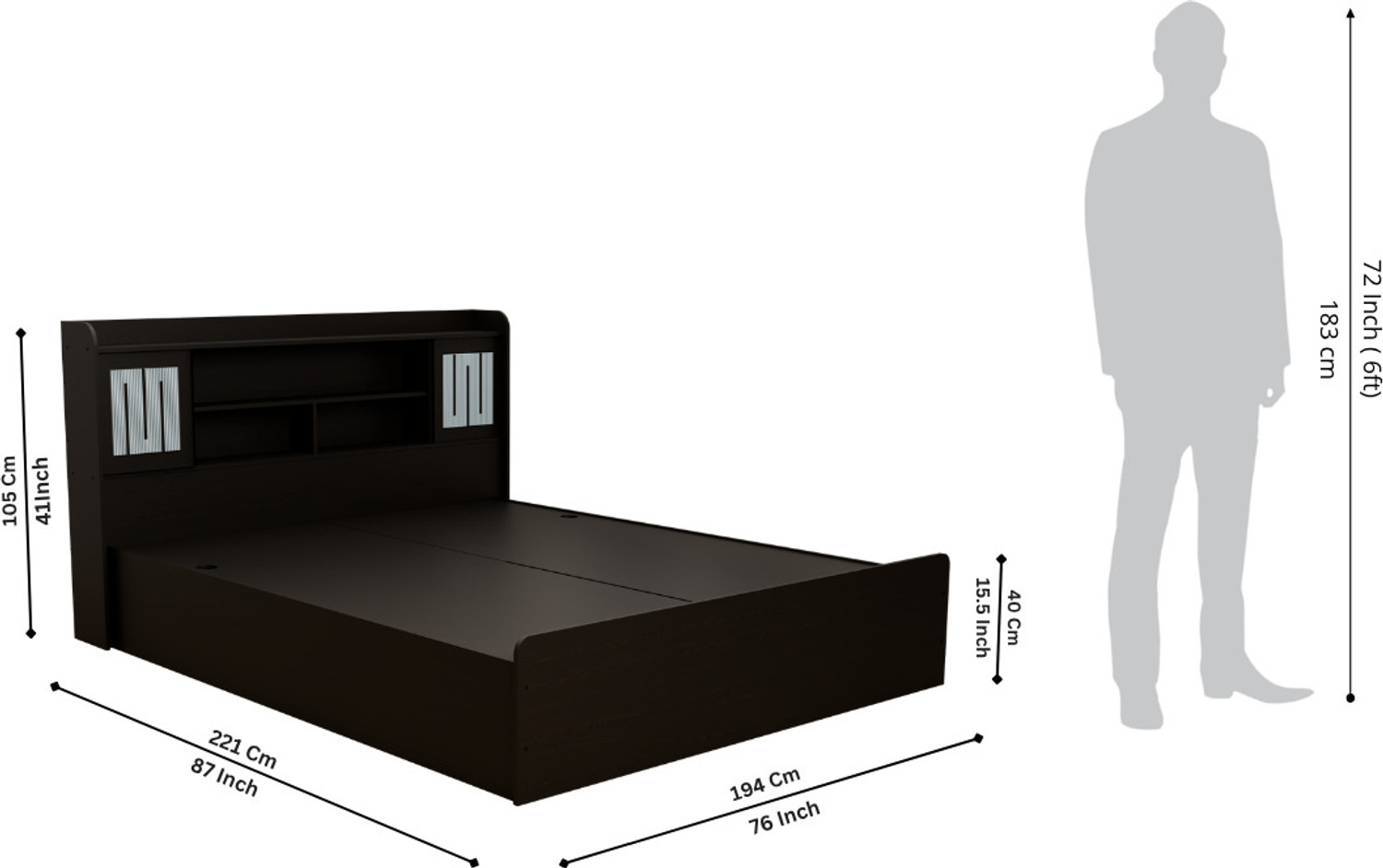 Image of neuspace Amber King Size Bed with Headboard & Box Storage Engineered Wood | Engineered Wood King Box Bed, 221 cm x 194 cm (7.25 ft x 6.36 ft) (Finish Color - Wenge Polycarbonate, Delivery Condition - Knock Down)
