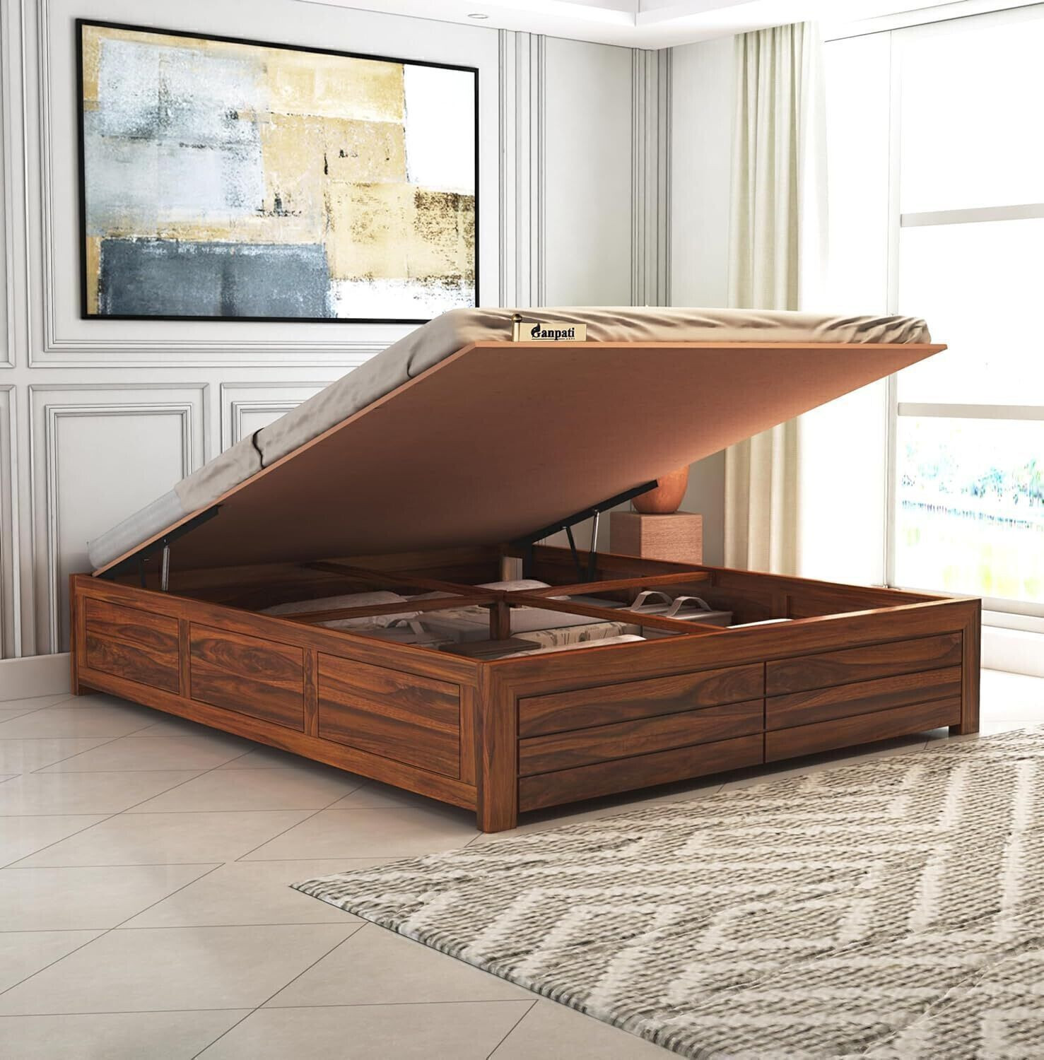 Image of GOYALINTERIOR Sheesham Wood King Bed /Wooden Bed /Palaung With Hydraulic Storage For Home Solid Wood King Hydraulic Bed, 205 cm x 190 cm (6.73 ft x 6.23 ft) (Finish Color - Honey HYD, Delivery Condition - DIY(Do-It-Yourself))
