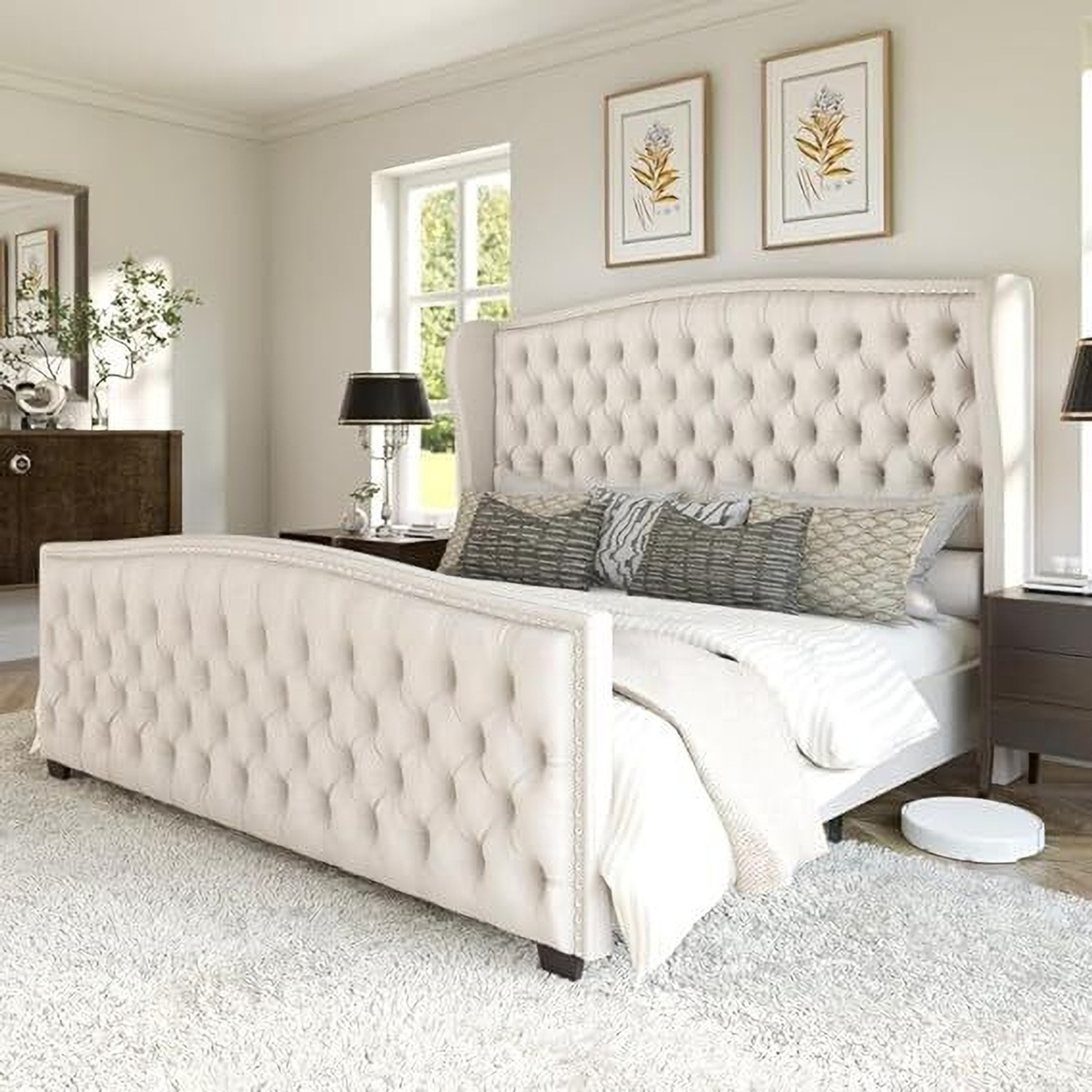 Image of DMKDecor Upholstered Bed with Box Storage Solid Wood Fabric Bed Solid Wood King Box Bed, 213 cm x 190 cm (6.99 ft x 6.23 ft) (Finish Color - Beige, Delivery Condition - DIY(Do-It-Yourself))