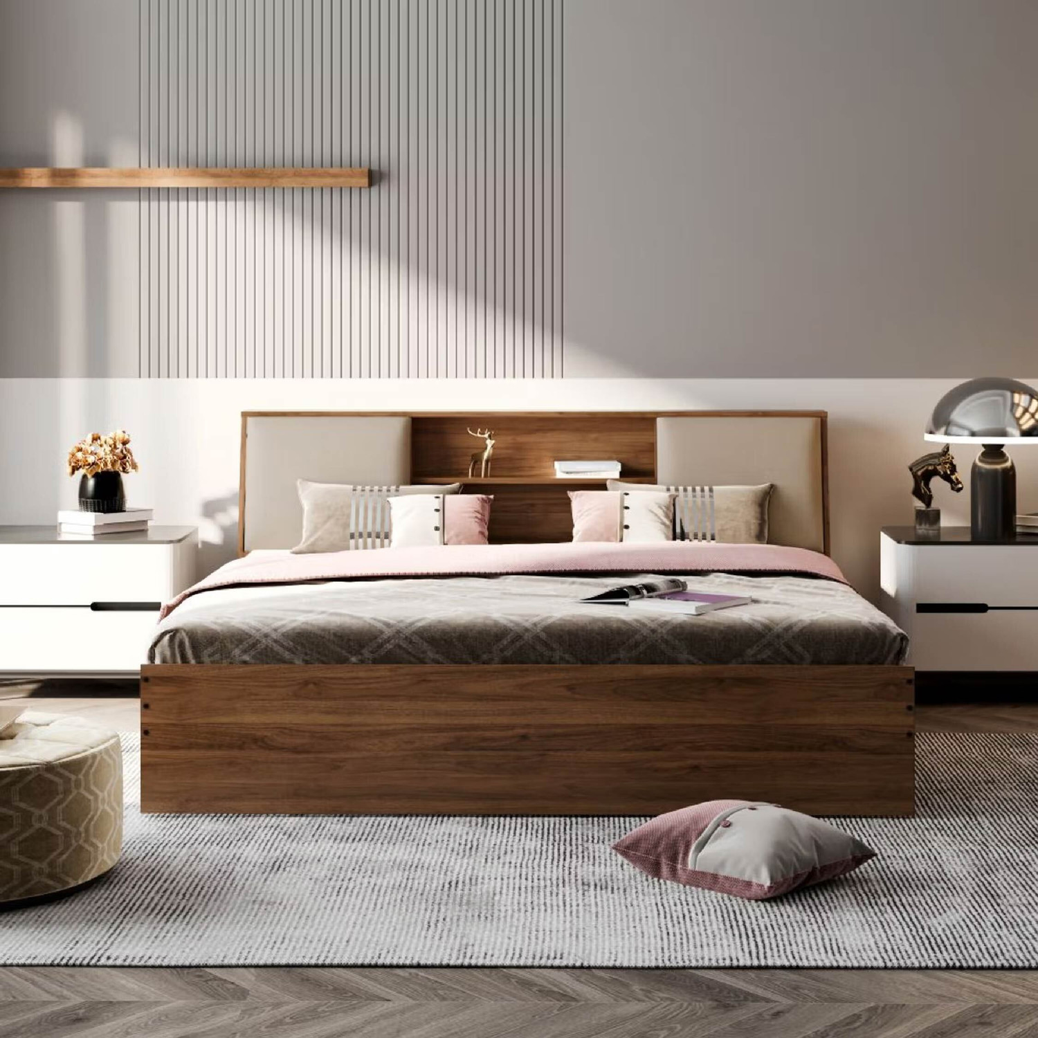 Image of Bharat Lifestyle Amsterdam Bed With Mattress Engineered Wood Queen Bed, 197 cm x 155 cm (6.46 ft x 5.09 ft) (Finish Color - Brown With Mattress, Delivery Condition - Knock Down)