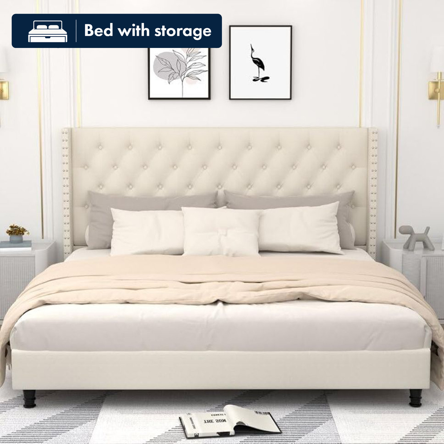 Image of Bharat Lifestyle Amsterdam Bed With Mattress Engineered Wood Queen Bed, 197 cm x 155 cm (6.46 ft x 5.09 ft) (Finish Color - Brown With Mattress, Delivery Condition - Knock Down)