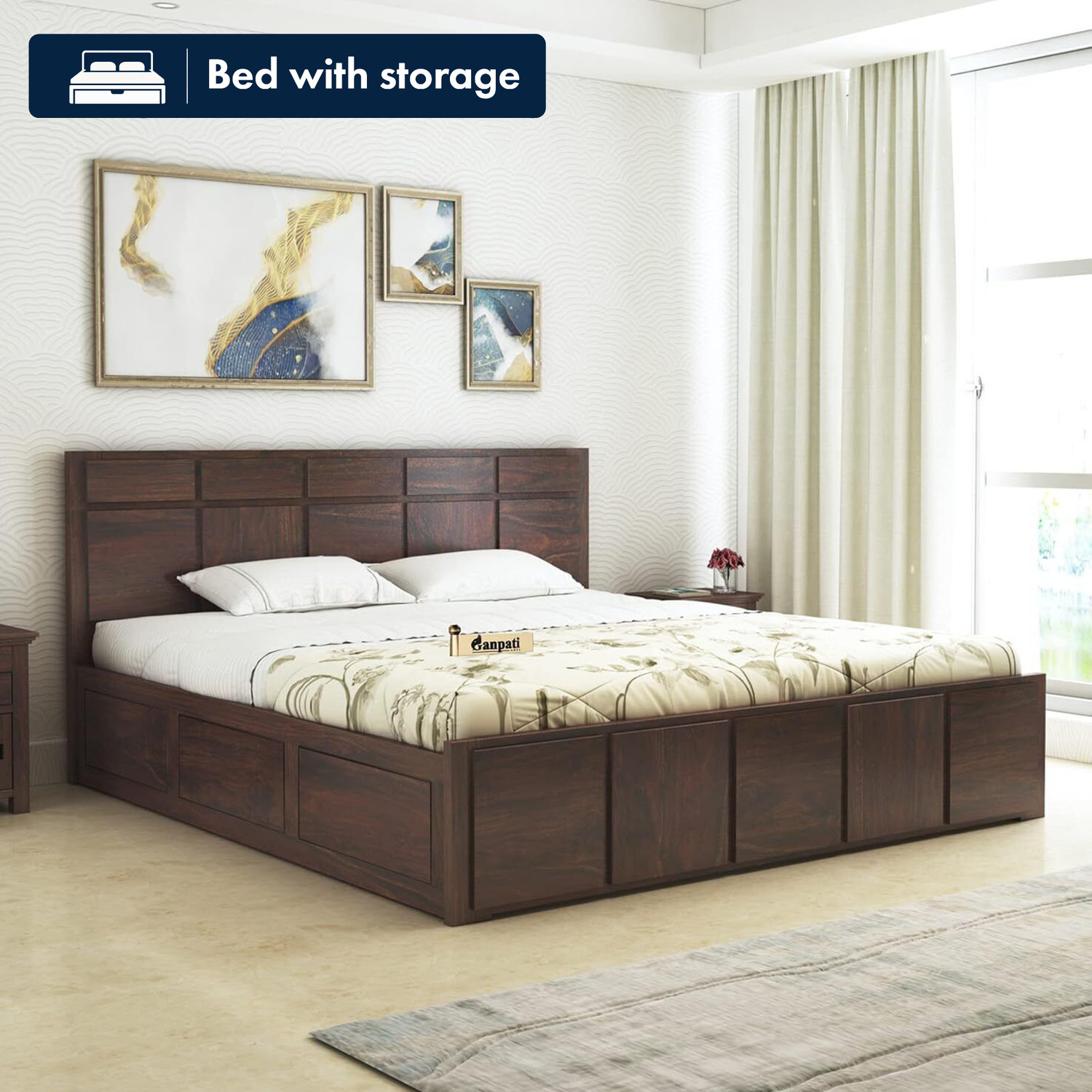 Image of Model art furniture Solid Wood King Box Bed, 198.12 cm x 182.88 cm (6.5 ft x 6.0 ft) (Finish Color - MELAMINE GLOSSARY, Delivery Condition - Pre-assembled)