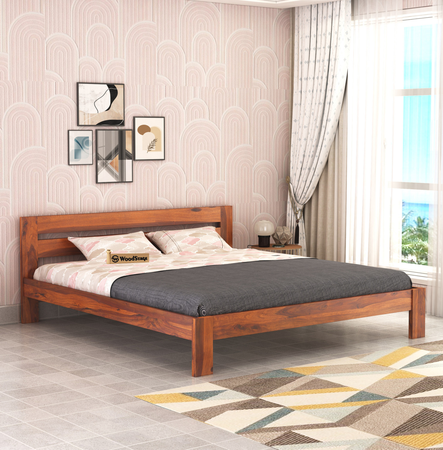 Image of Vibrant Interior ZOPYROSE Metal Double Bed, 190.5 cm x 121.92 cm (6.25 ft x 4.0 ft) (Finish Color - BLACK, Delivery Condition - DIY(Do-It-Yourself))