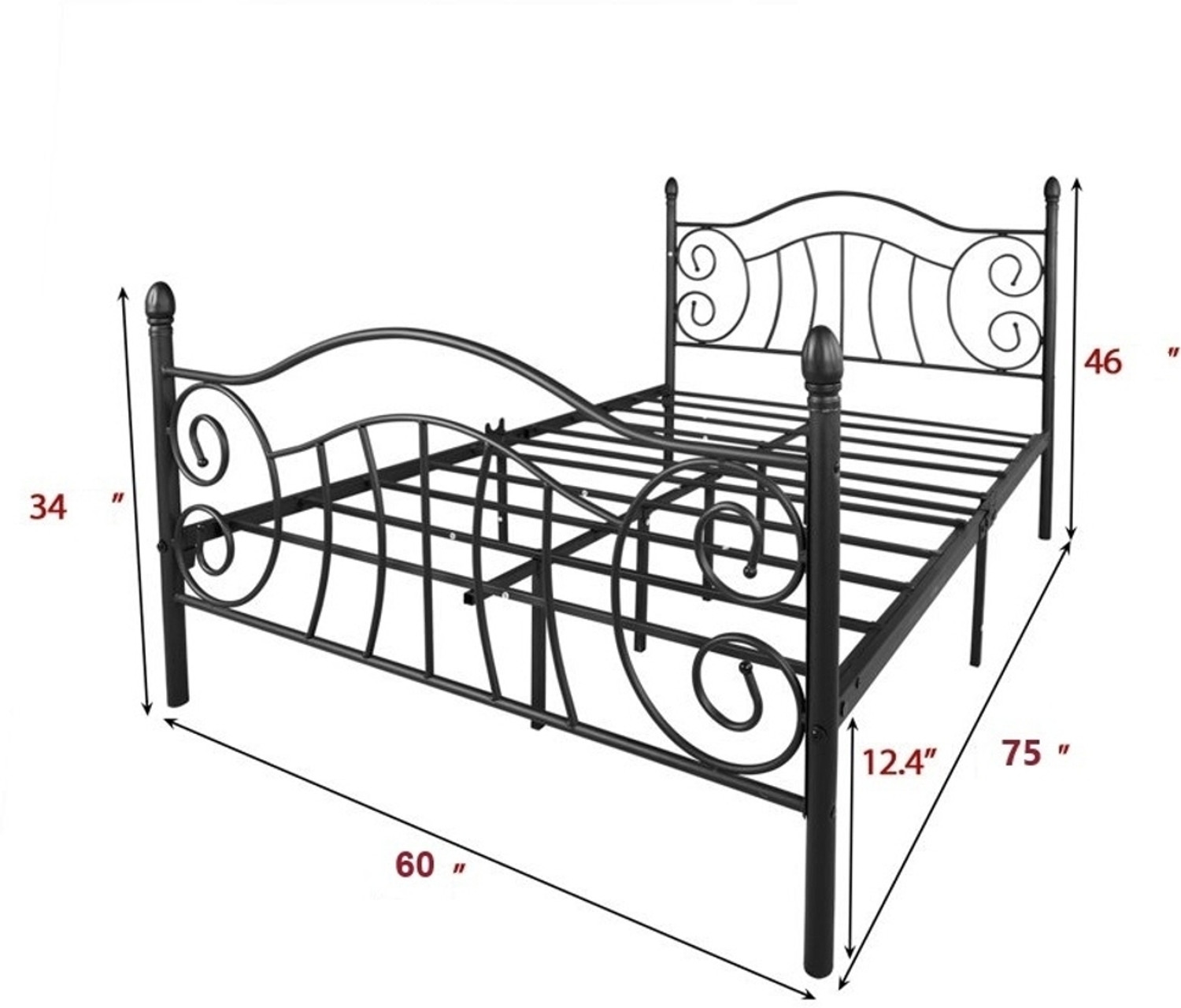 Image of Vibrant Interior ZOPYROSE Black Metal Queen Bed, 190.5 cm x 152.4 cm (6.25 ft x 5.0 ft) (Finish Color - BLACK, Delivery Condition - DIY(Do-It-Yourself))