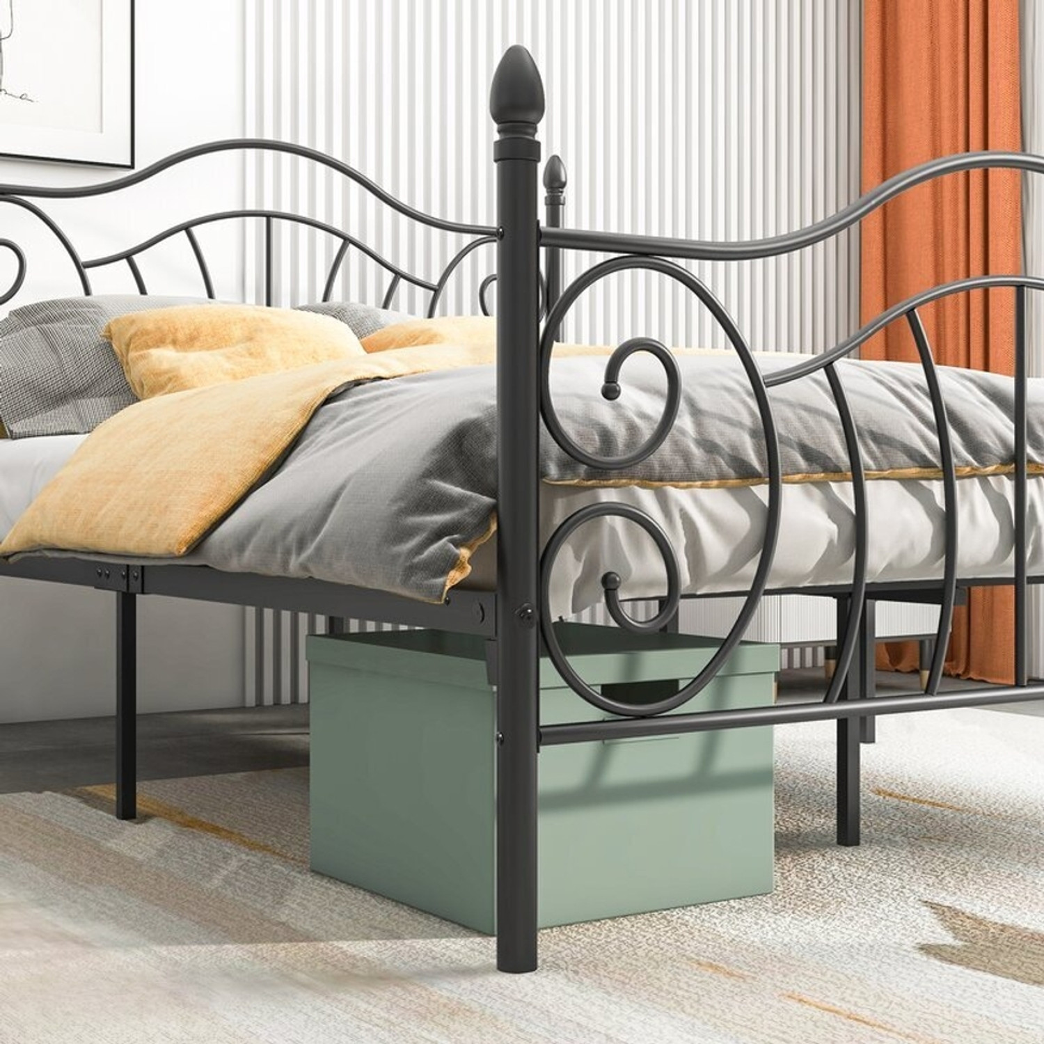 Image of Vibrant Interior ZOPYROSE Metal Double Bed, 190.5 cm x 121.92 cm (6.25 ft x 4.0 ft) (Finish Color - BLACK, Delivery Condition - DIY(Do-It-Yourself))