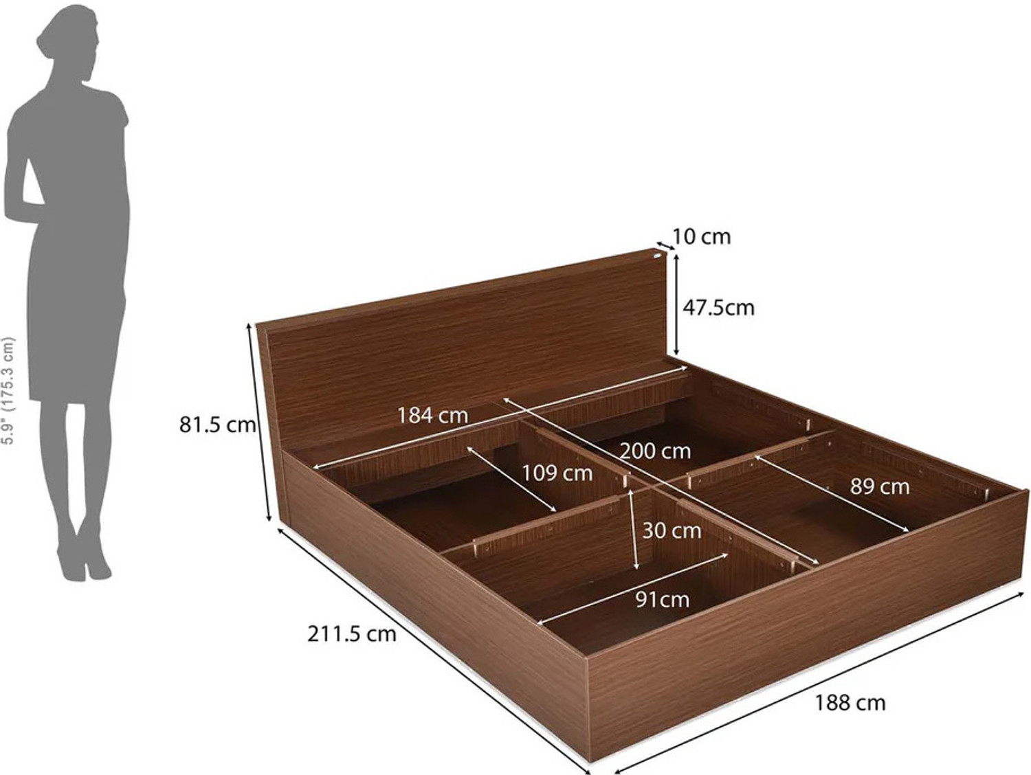 Image of Nilkamal Arthur Plus with Storage Engineered Wood King Box Bed, 211.5 cm x 188 cm (6.94 ft x 6.17 ft) (Finish Color - Legno Oak Dark, Delivery Condition - Knock Down)