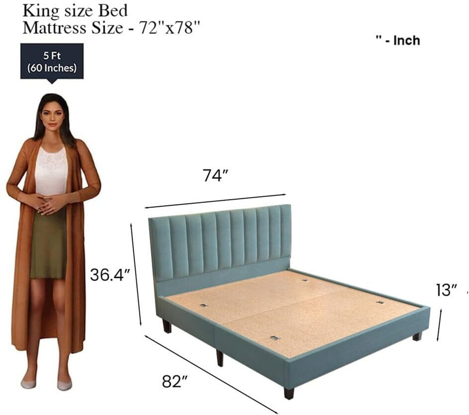 Image of Worldwood Low Height King Size Bed Without Storage | Wooden Double Bed | Solid Wood King Bed, 208 cm x 187 cm (6.82 ft x 6.14 ft) (Finish Color - Cyan, Delivery Condition - DIY(Do-It-Yourself))