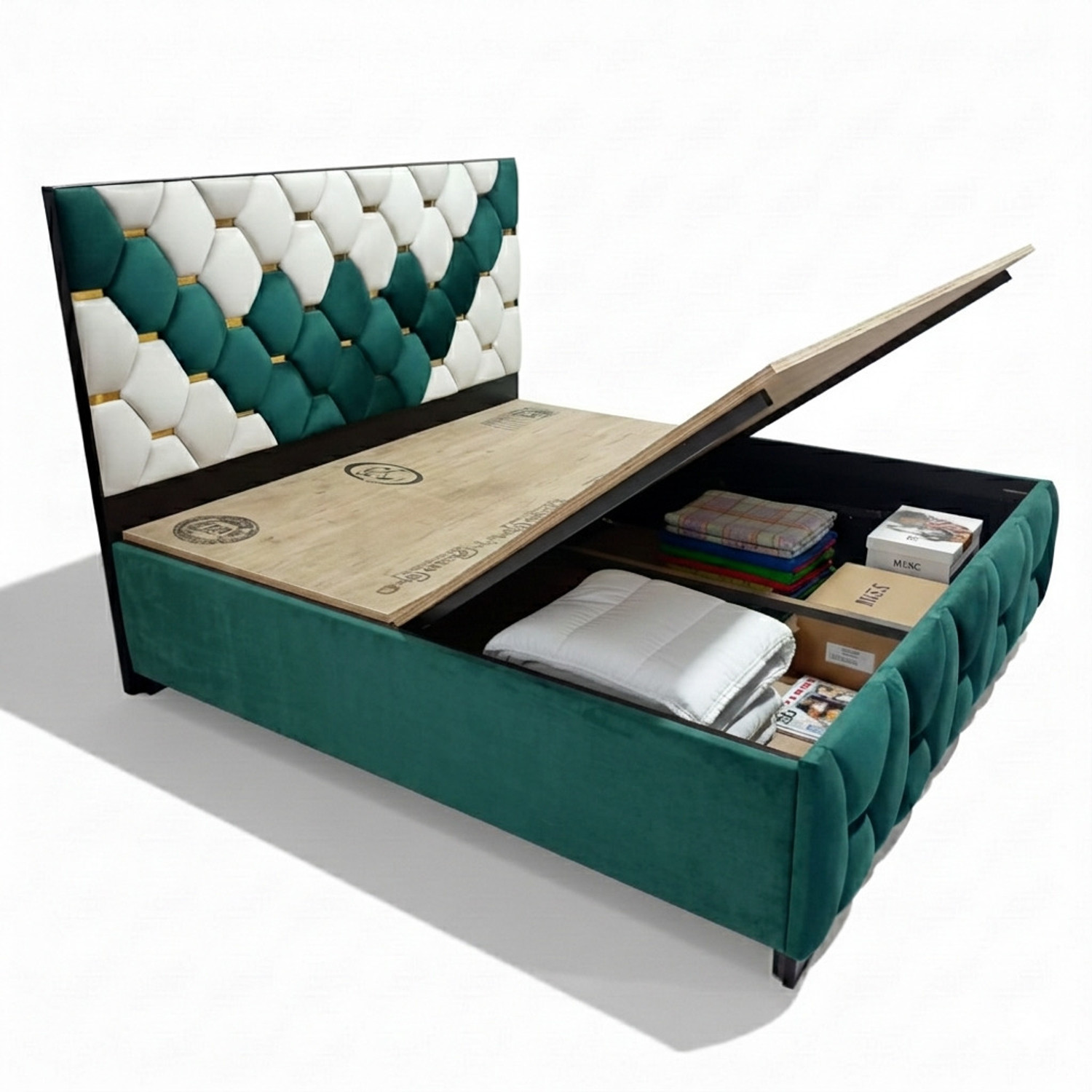 Image of ROYALSTEEL Luxury sunflower G&W 213x182cm Solid Wood King Box Bed, 213 cm x 182 cm (6.99 ft x 5.97 ft) (Finish Color - Bottlegreen And white, Delivery Condition - Knock Down)
