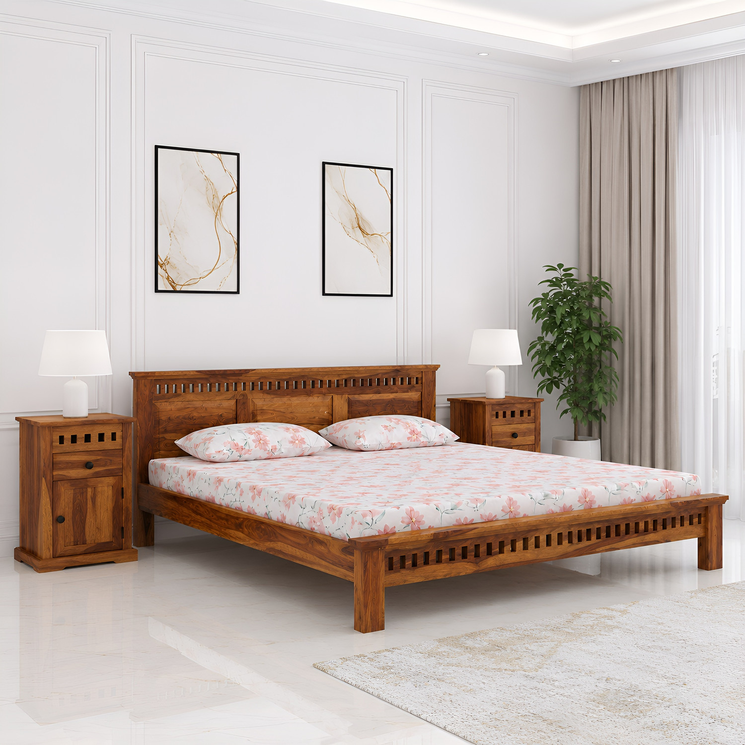 Image of Worldwood Low Height King Size Bed Without Storage | Wooden Double Bed | Solid Wood King Bed, 208 cm x 187 cm (6.82 ft x 6.14 ft) (Finish Color - Cyan, Delivery Condition - DIY(Do-It-Yourself))
