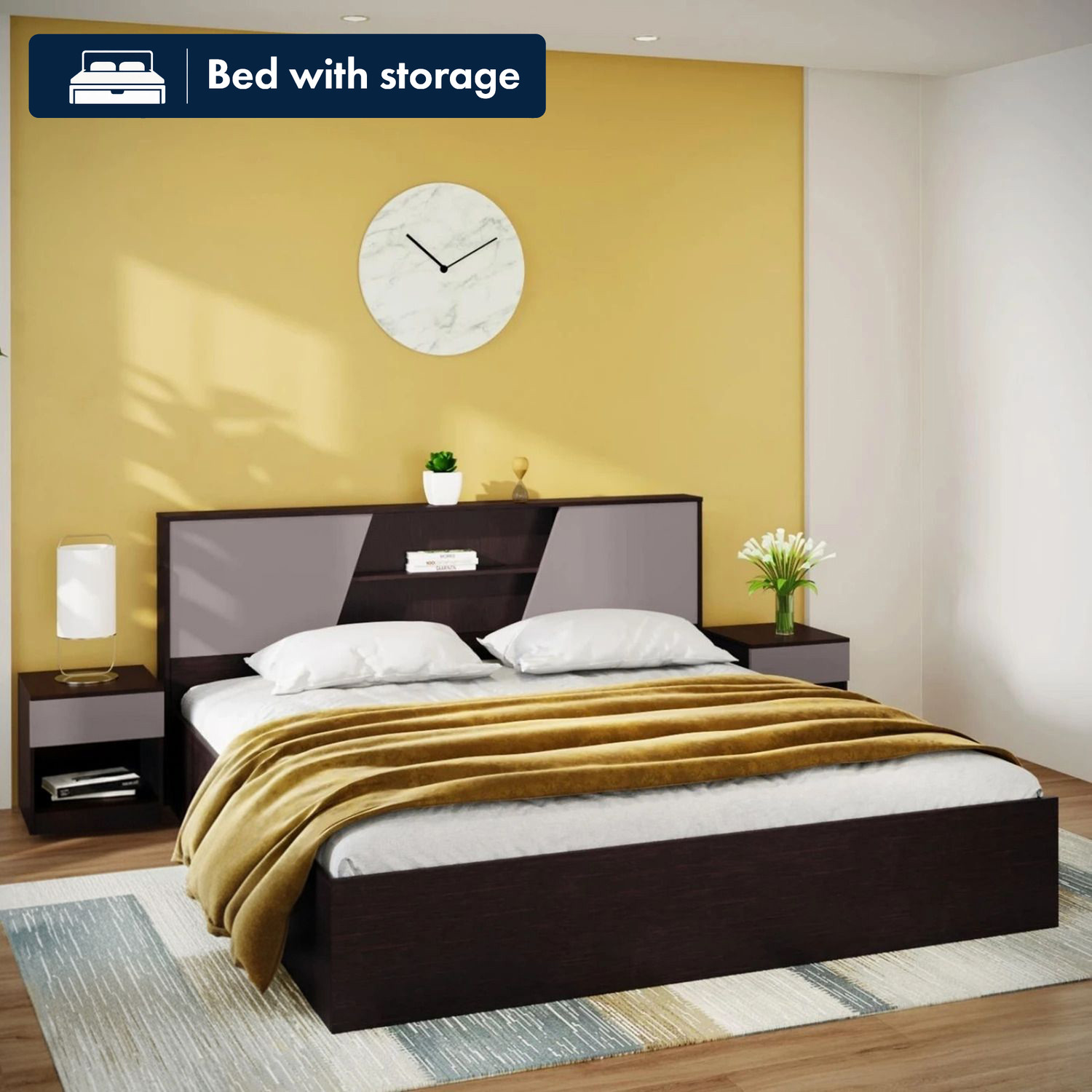 Image of Bharat Lifestyle Amsterdam Bed With Mattress Engineered Wood Queen Bed, 197 cm x 155 cm (6.46 ft x 5.09 ft) (Finish Color - Brown With Mattress, Delivery Condition - Knock Down)