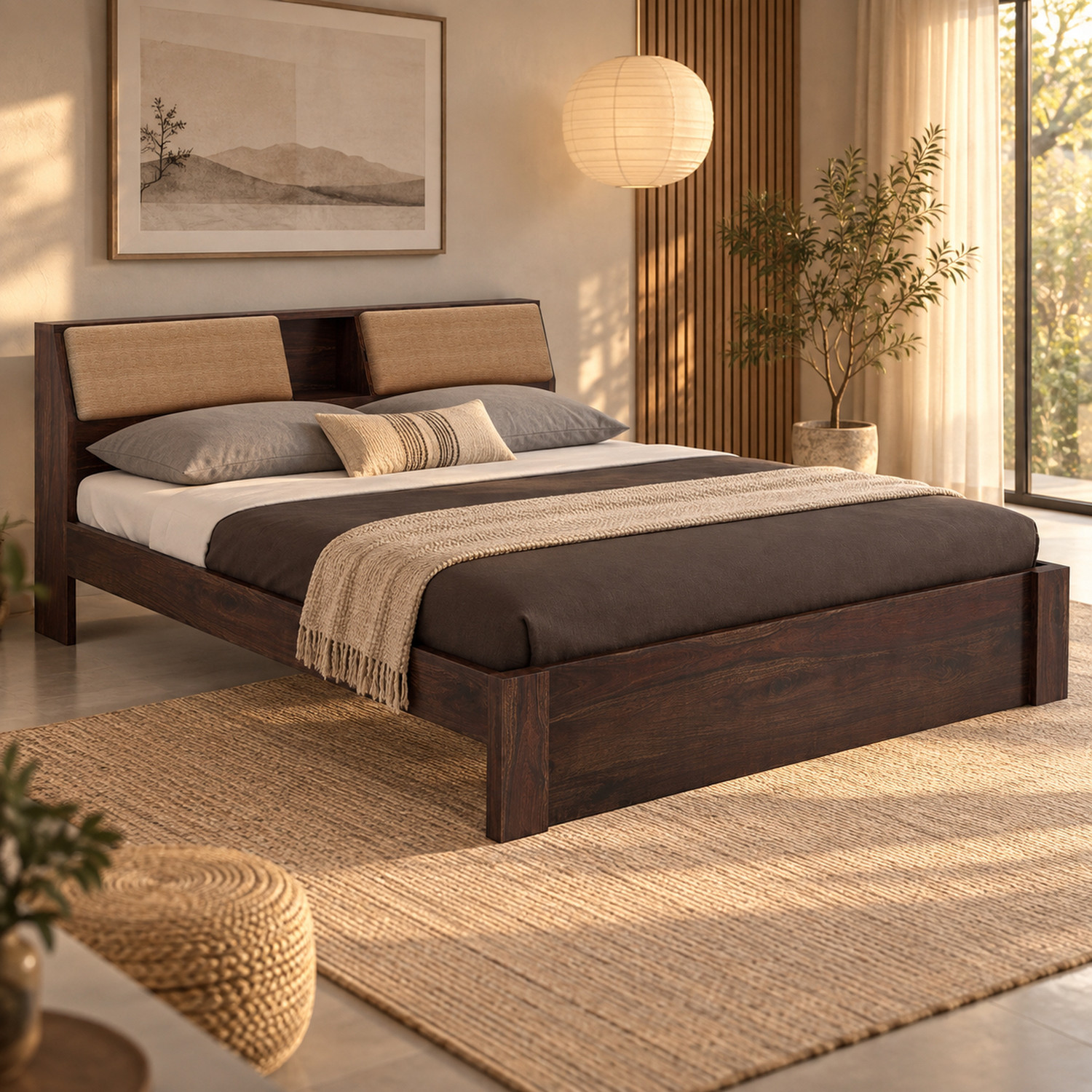 Image of Jh Decore Solid Wood Bed|Wooden Bed| King Size Bed| Sheesham Wood Bed|Bed Without Storage| Solid Wood King Bed, 206 cm x 191 cm (6.76 ft x 6.27 ft) (Finish Color - Walnut Finish, Delivery Condition - DIY(Do-It-Yourself))