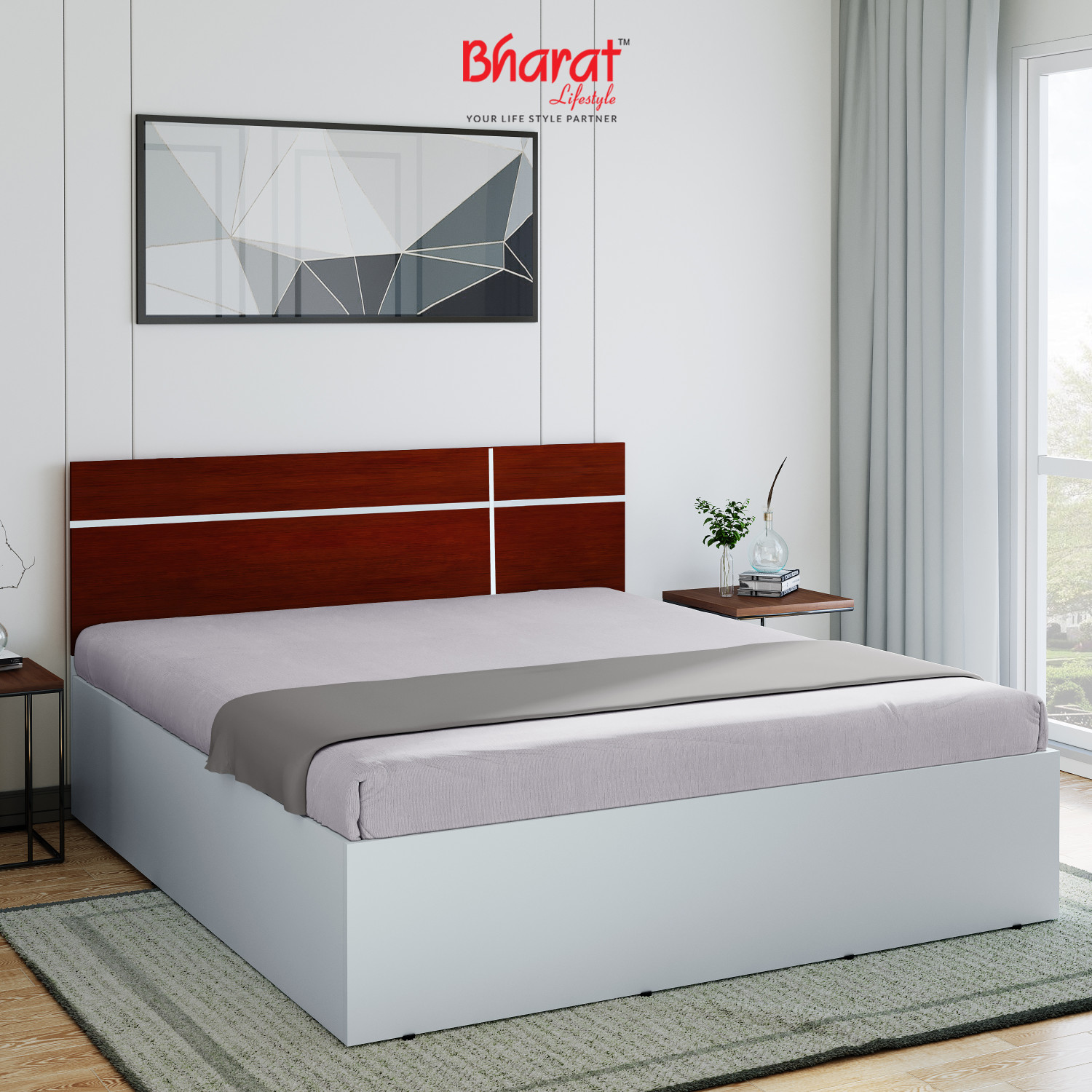 Image of Bharat Lifestyle Amsterdam Bed With Mattress Engineered Wood Queen Bed, 197 cm x 155 cm (6.46 ft x 5.09 ft) (Finish Color - Brown With Mattress, Delivery Condition - Knock Down)