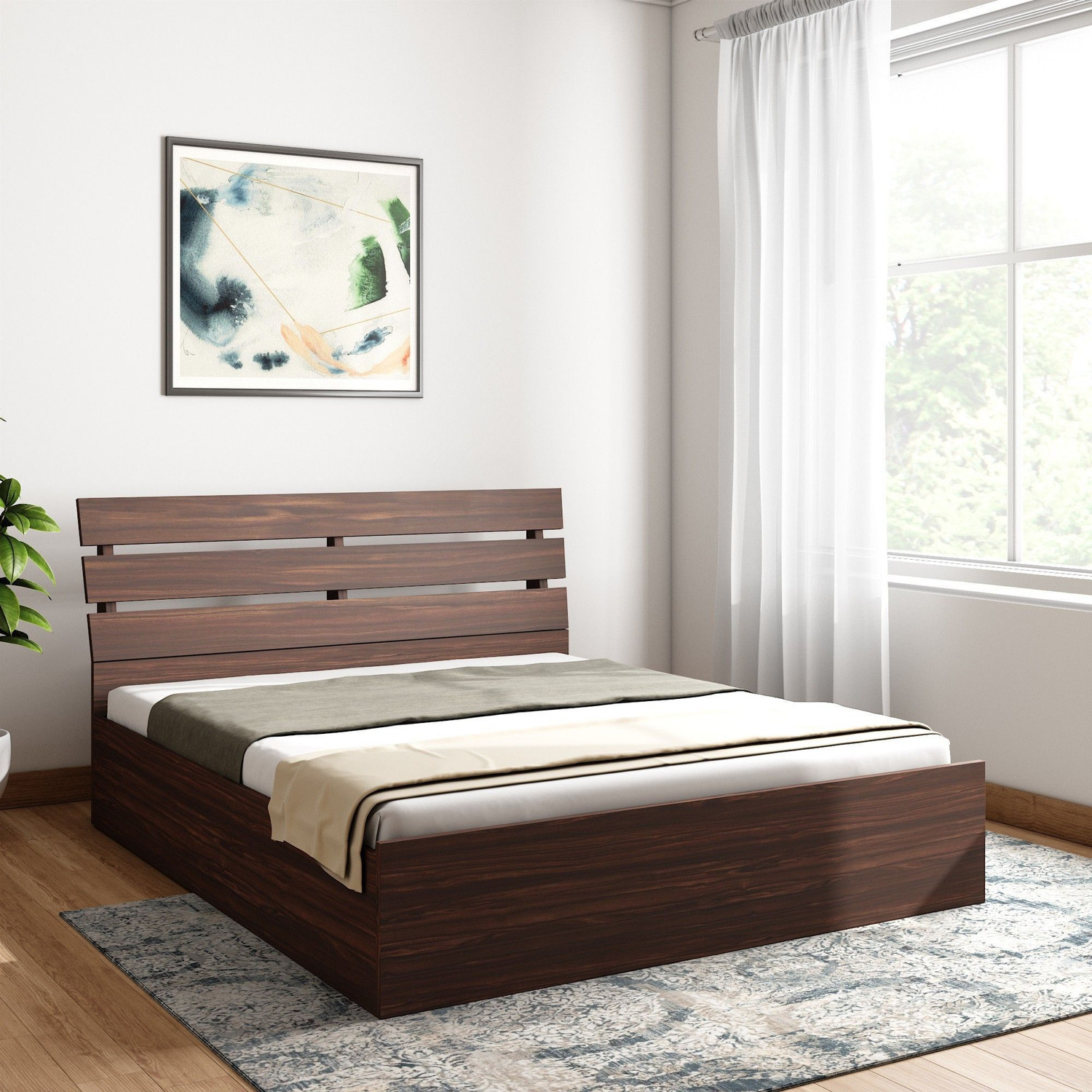 Image of Bharat Lifestyle Amsterdam Bed With Mattress Engineered Wood Queen Bed, 197 cm x 155 cm (6.46 ft x 5.09 ft) (Finish Color - Brown With Mattress, Delivery Condition - Knock Down)