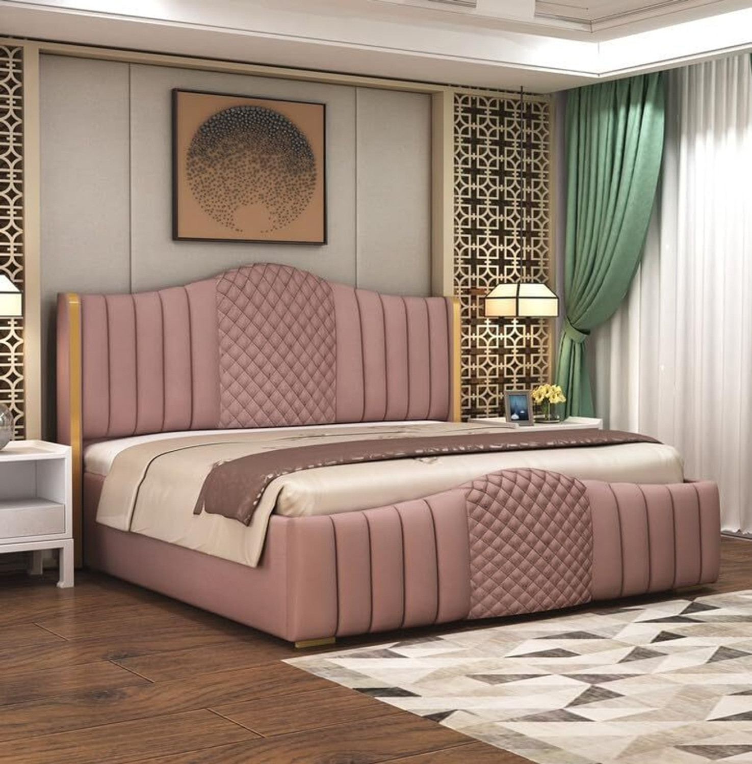 Image of ROYALSTEEL Luxury sunflower G&W 213x182cm Solid Wood King Box Bed, 213 cm x 182 cm (6.99 ft x 5.97 ft) (Finish Color - Bottlegreen And white, Delivery Condition - Knock Down)