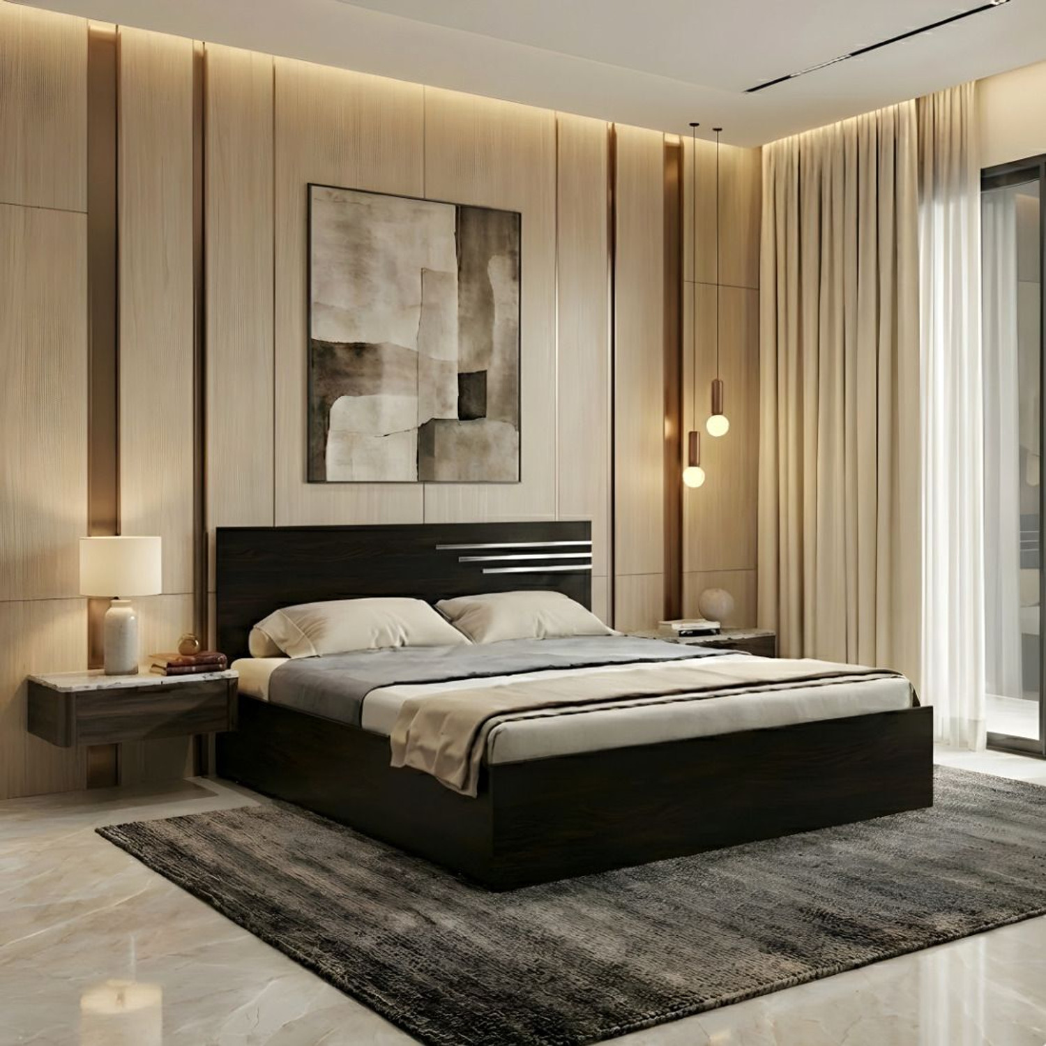 Image of Bharat Lifestyle Amsterdam Bed With Mattress Engineered Wood Queen Bed, 197 cm x 155 cm (6.46 ft x 5.09 ft) (Finish Color - Brown With Mattress, Delivery Condition - Knock Down)