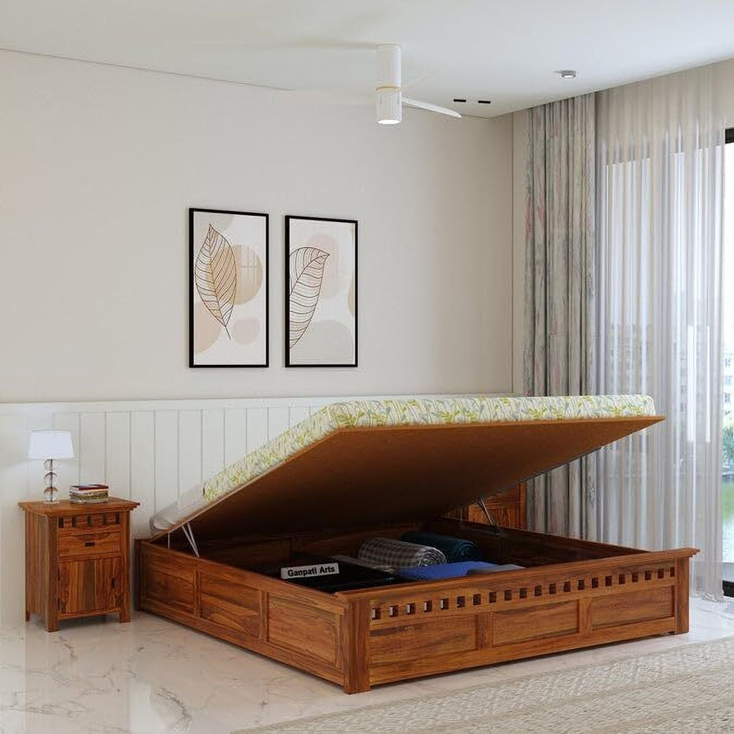 Image of Model art furniture Solid Wood King Box Bed, 198.12 cm x 182.88 cm (6.5 ft x 6.0 ft) (Finish Color - MELAMINE GLOSSARY, Delivery Condition - Pre-assembled)