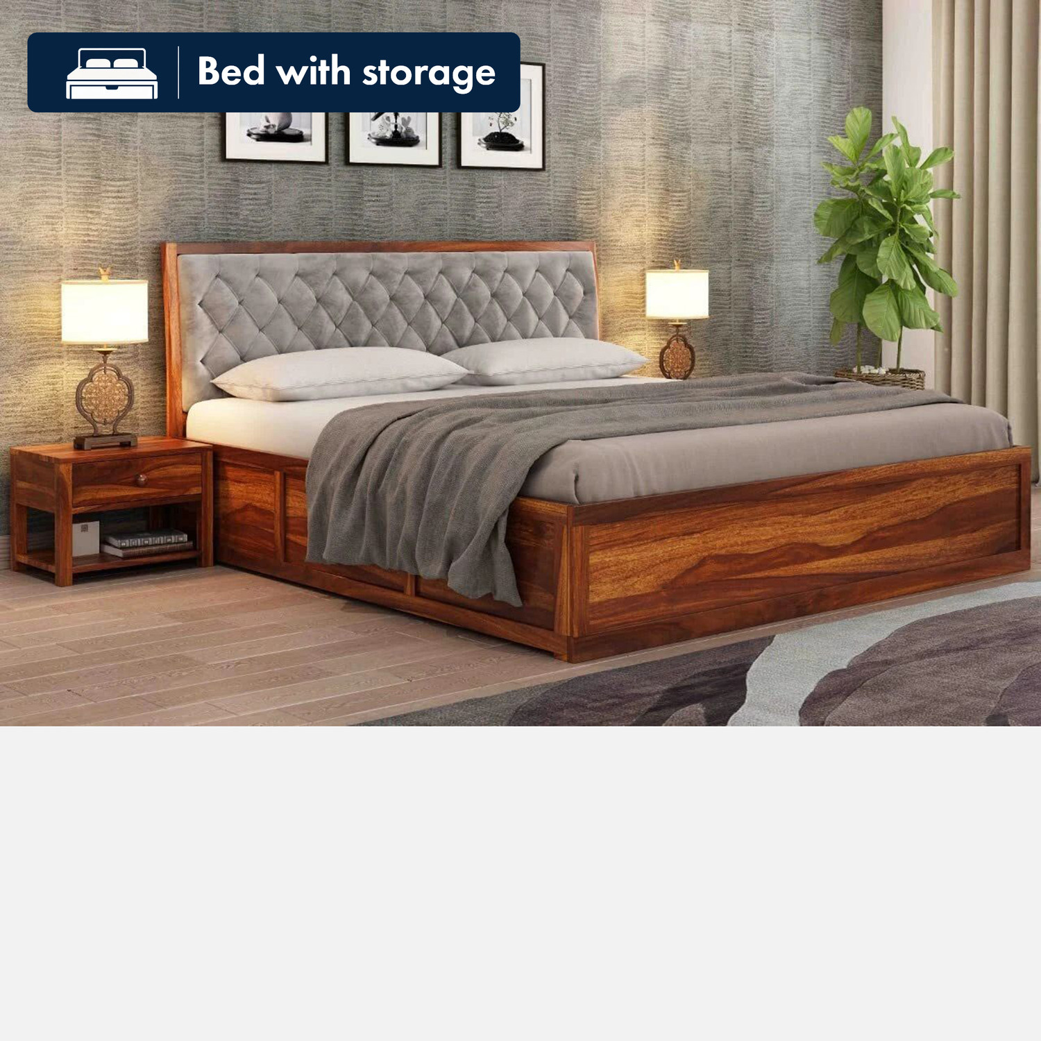 Image of GOYALINTERIOR Sheesham Wood King Bed /Wooden Bed /Palaung With Hydraulic Storage For Home Solid Wood King Hydraulic Bed, 205 cm x 190 cm (6.73 ft x 6.23 ft) (Finish Color - Honey HYD, Delivery Condition - DIY(Do-It-Yourself))