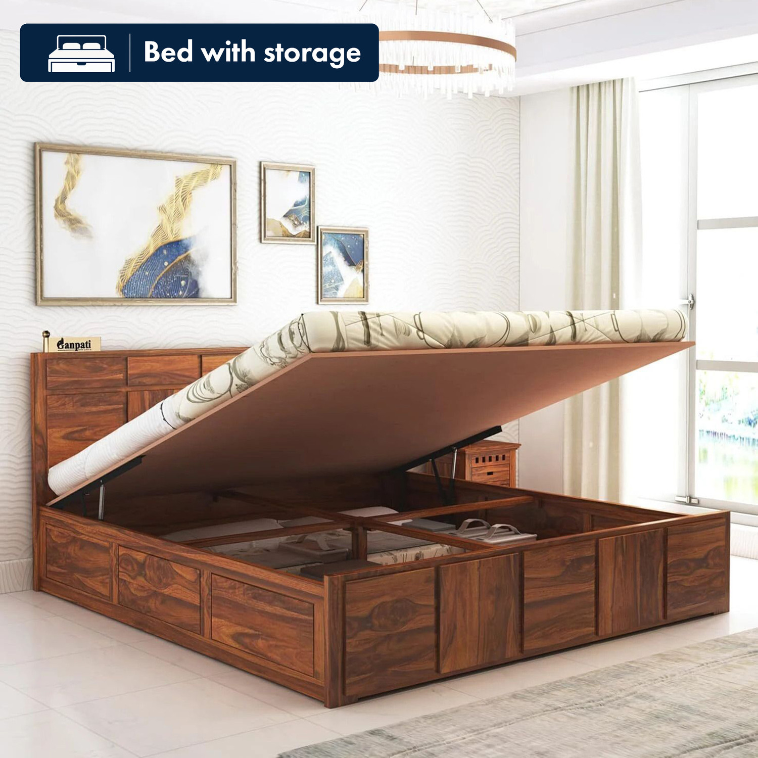 Image of GOYALINTERIOR Sheesham Wood King Bed /Wooden Bed /Palaung With Hydraulic Storage For Home Solid Wood King Hydraulic Bed, 205 cm x 190 cm (6.73 ft x 6.23 ft) (Finish Color - Honey HYD, Delivery Condition - DIY(Do-It-Yourself))