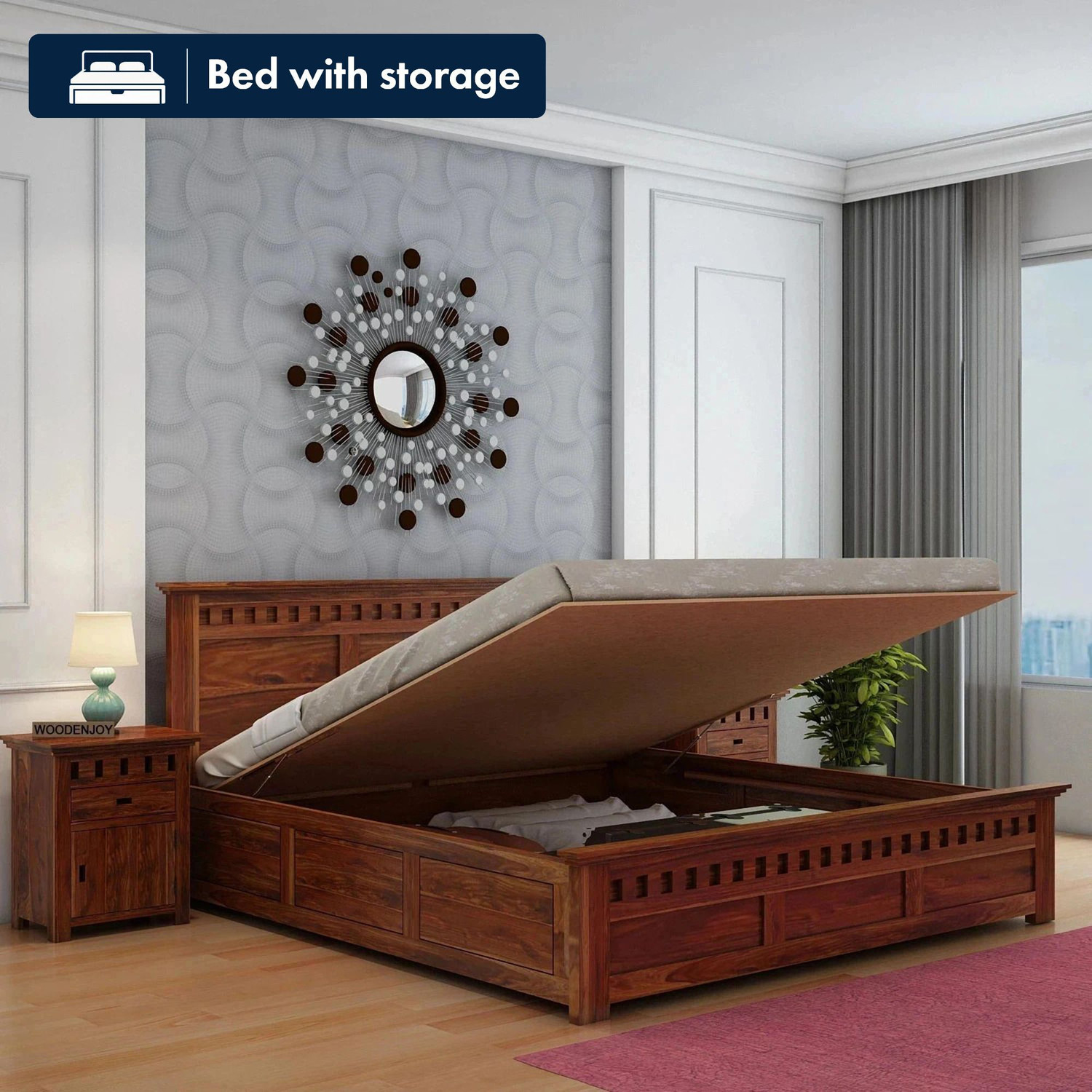 Image of GOYALINTERIOR Sheesham Wood King Bed /Wooden Bed /Palaung With Hydraulic Storage For Home Solid Wood King Hydraulic Bed, 205 cm x 190 cm (6.73 ft x 6.23 ft) (Finish Color - Honey HYD, Delivery Condition - DIY(Do-It-Yourself))