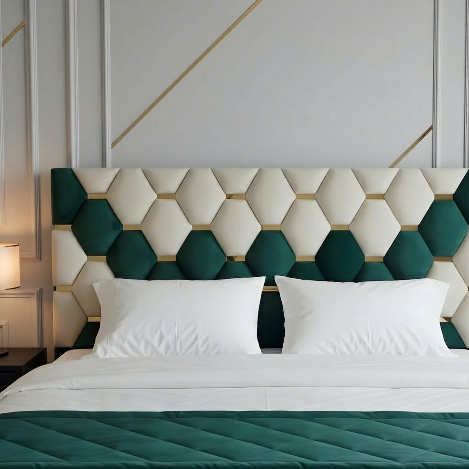 Image of ROYALSTEEL Luxury sunflower G&W 213x182cm Solid Wood King Box Bed, 213 cm x 182 cm (6.99 ft x 5.97 ft) (Finish Color - Bottlegreen And white, Delivery Condition - Knock Down)