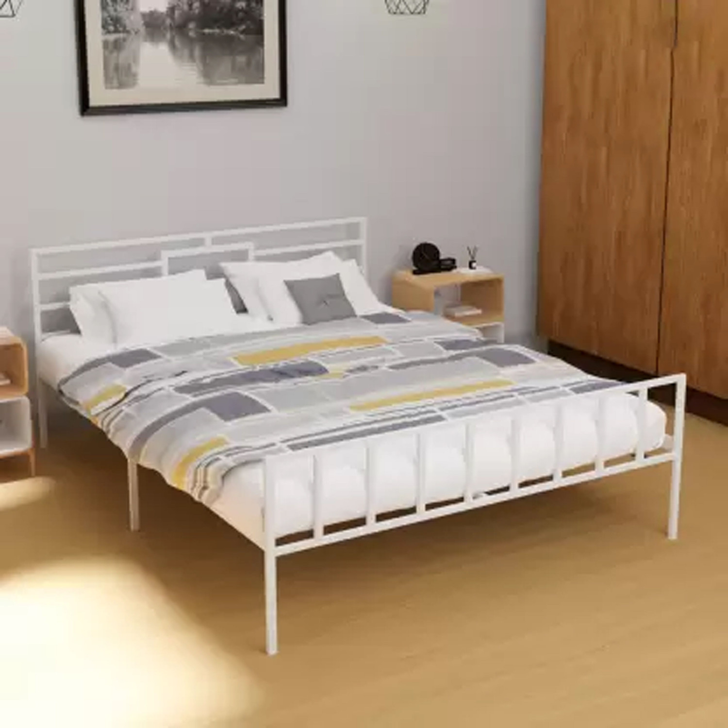 Image of mandee's Metal King Bed, 188 cm x 204 cm (6.17 ft x 6.69 ft) (Finish Color - WHITE, Delivery Condition - DIY(Do-It-Yourself))