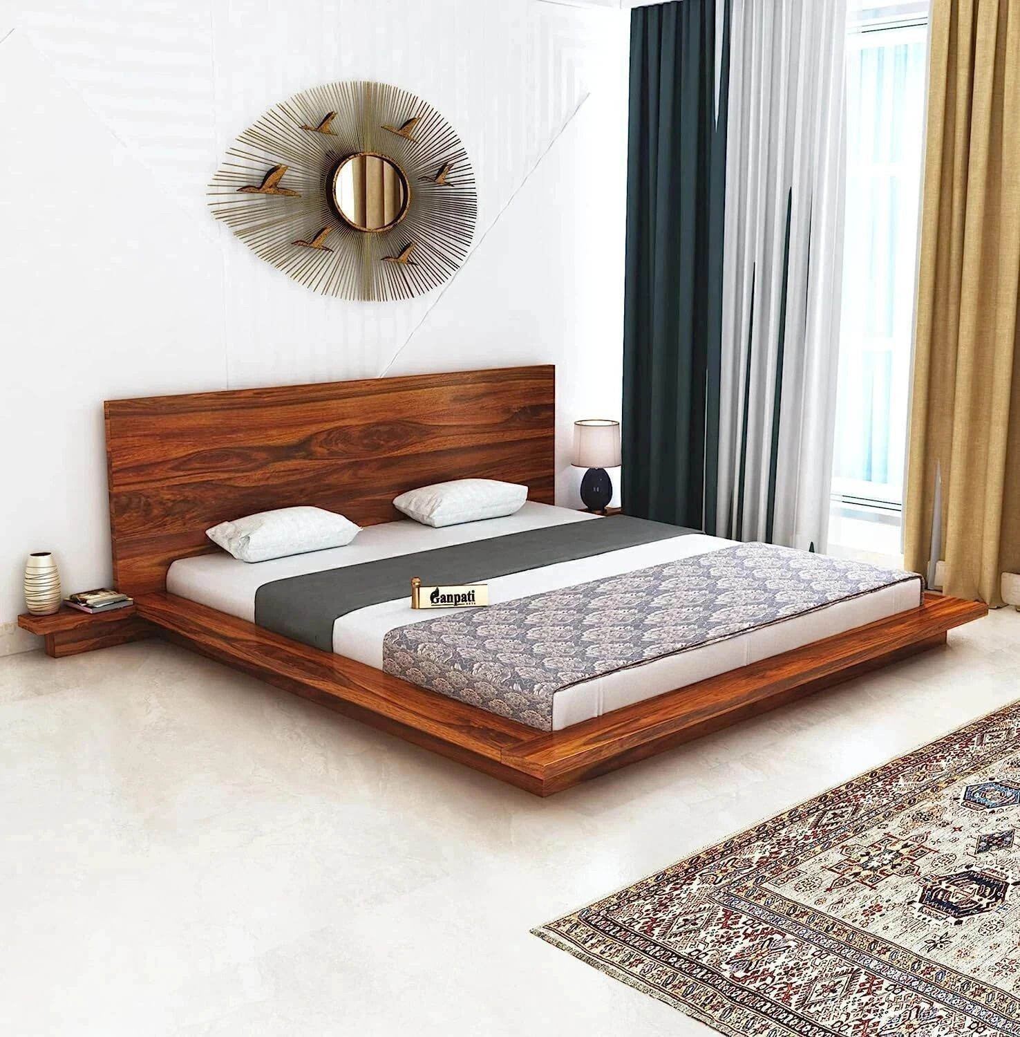 Image of ssb Solid Wood Queen Bed, 80 cm x 150 cm (2.62 ft x 4.92 ft) (Finish Color - brown, Delivery Condition - Pre-assembled)