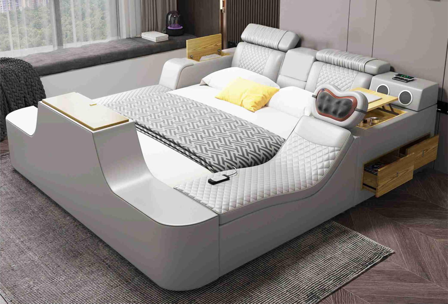 Image of ROYALSTEEL Luxury sunflower G&W 213x182cm Solid Wood King Box Bed, 213 cm x 182 cm (6.99 ft x 5.97 ft) (Finish Color - Bottlegreen And white, Delivery Condition - Knock Down)