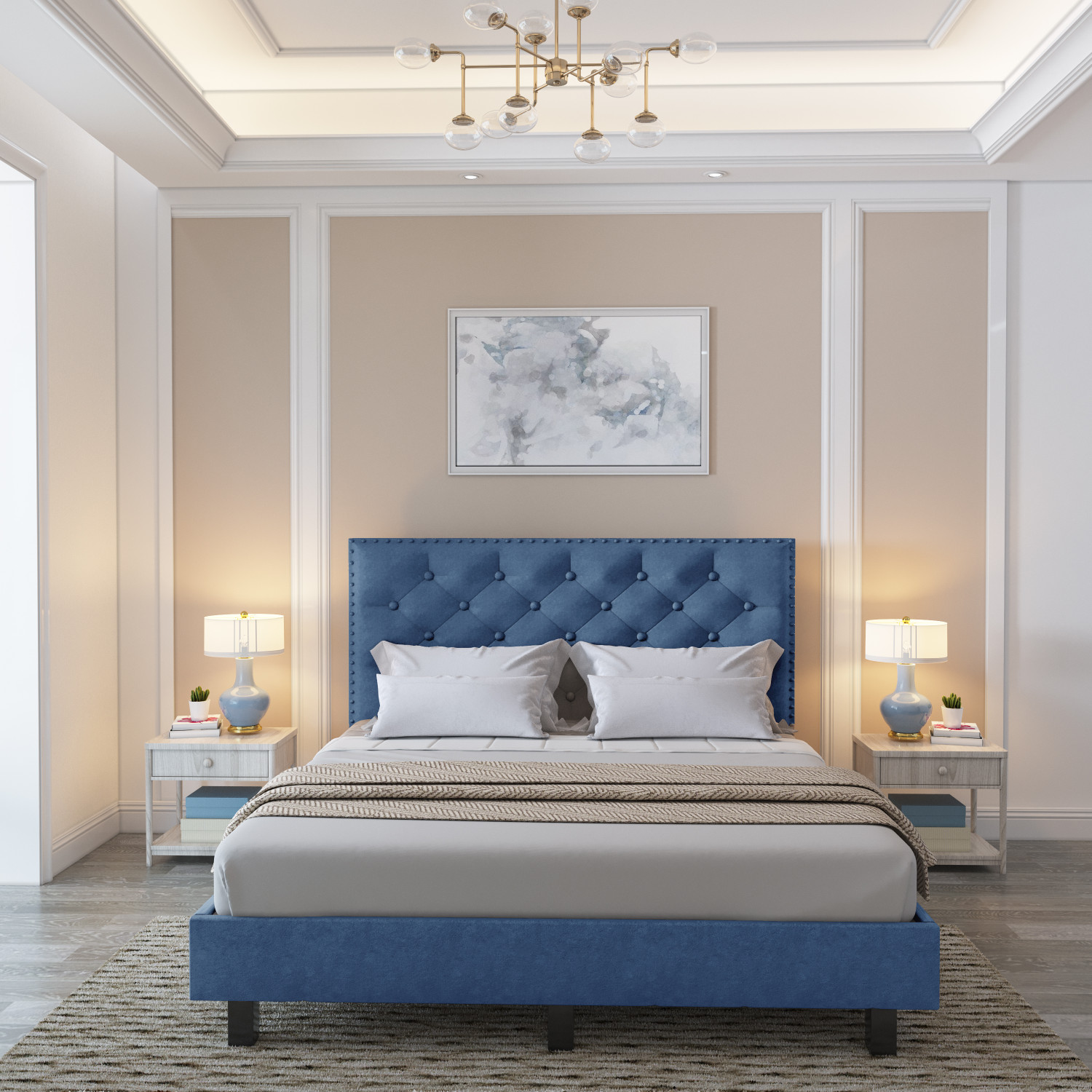Image of Worldwood Low Height King Size Bed Without Storage | Wooden Double Bed | Solid Wood King Bed, 208 cm x 187 cm (6.82 ft x 6.14 ft) (Finish Color - Cyan, Delivery Condition - DIY(Do-It-Yourself))