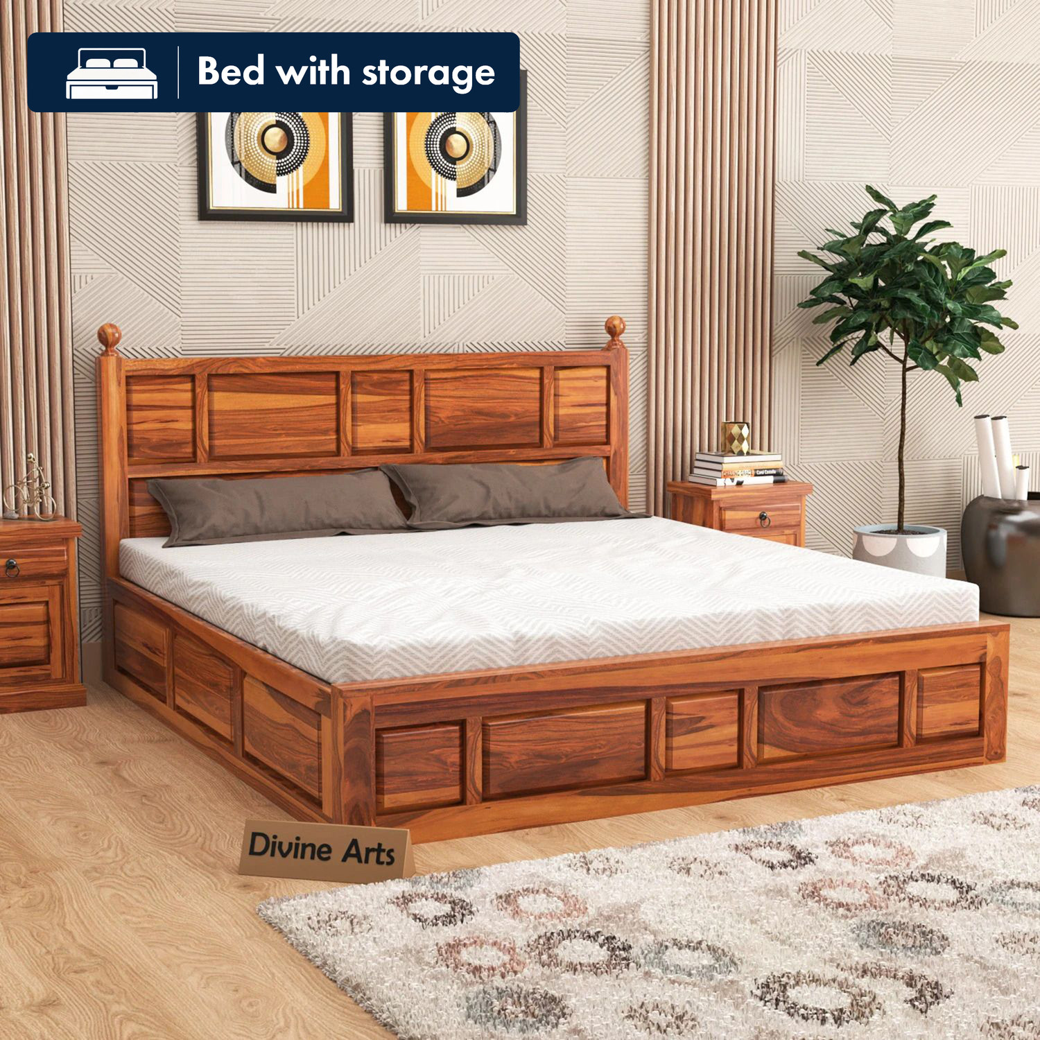 Image of GOYALINTERIOR Sheesham Wood King Bed /Wooden Bed /Palaung With Hydraulic Storage For Home Solid Wood King Hydraulic Bed, 205 cm x 190 cm (6.73 ft x 6.23 ft) (Finish Color - Honey HYD, Delivery Condition - DIY(Do-It-Yourself))