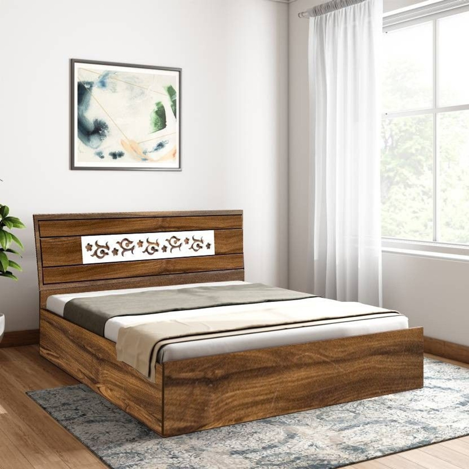 Image of Bharat Lifestyle Amsterdam Bed With Mattress Engineered Wood Queen Bed, 197 cm x 155 cm (6.46 ft x 5.09 ft) (Finish Color - Brown With Mattress, Delivery Condition - Knock Down)