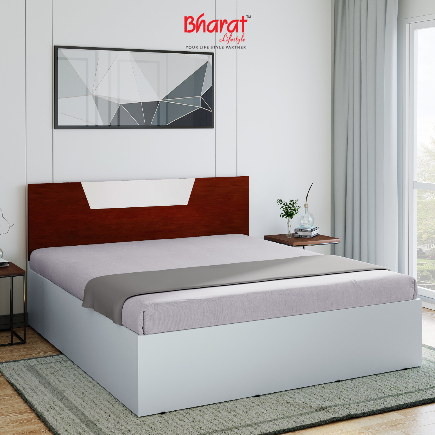 Image of Bharat Lifestyle Amsterdam Bed With Mattress Engineered Wood Queen Bed, 197 cm x 155 cm (6.46 ft x 5.09 ft) (Finish Color - Brown With Mattress, Delivery Condition - Knock Down)