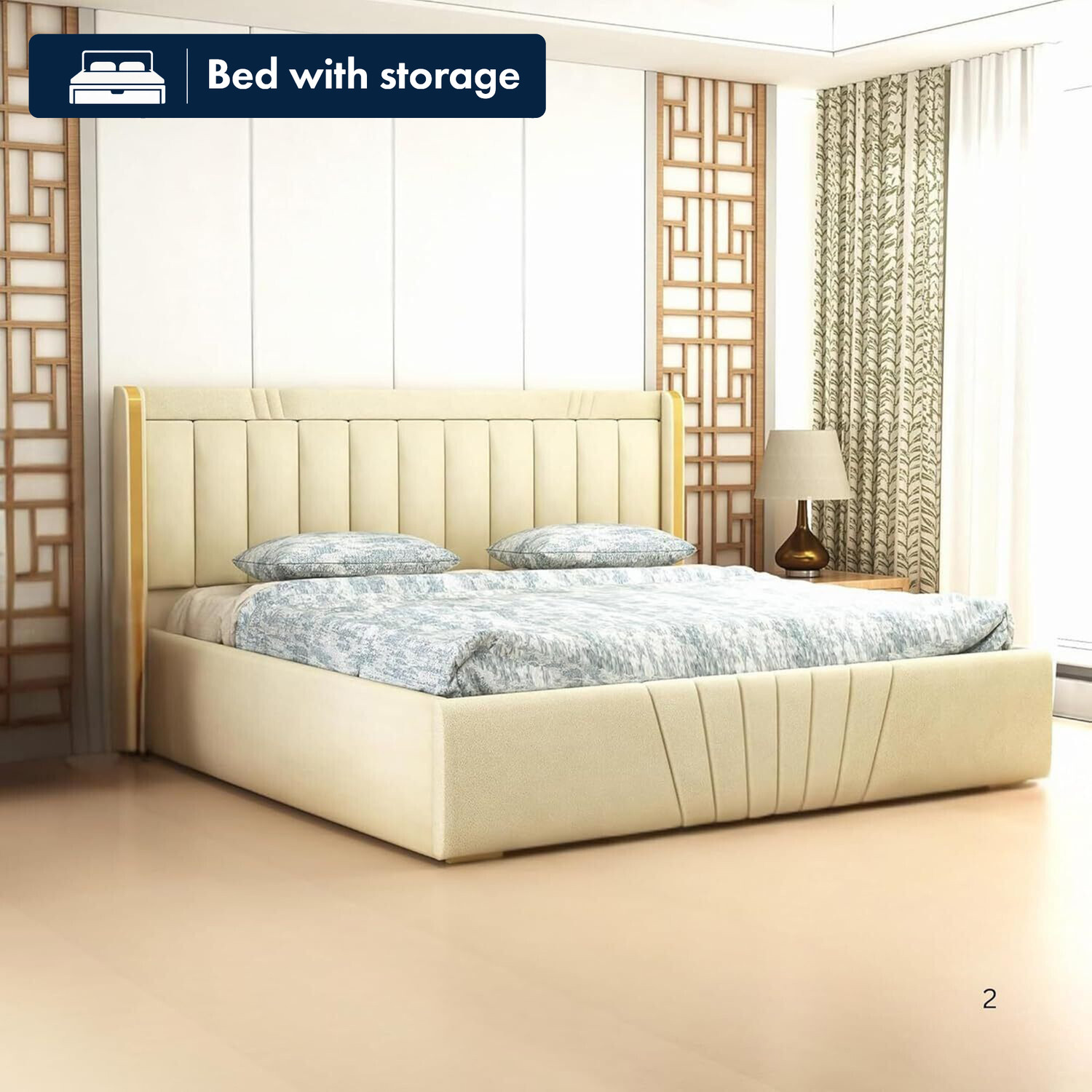 Image of DMKDecor Upholstered Bed with Box Storage Solid Wood Fabric Bed Solid Wood King Box Bed, 213 cm x 190 cm (6.99 ft x 6.23 ft) (Finish Color - Beige, Delivery Condition - DIY(Do-It-Yourself))