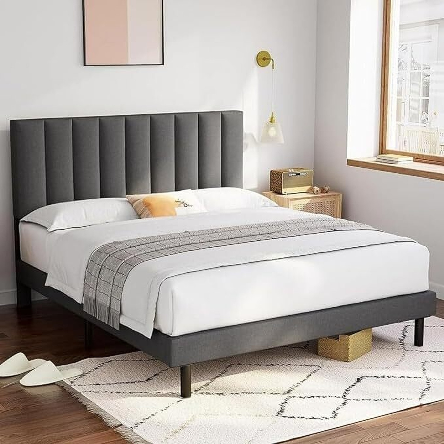 Image of Bharat Lifestyle Amsterdam Bed With Mattress Engineered Wood Queen Bed, 197 cm x 155 cm (6.46 ft x 5.09 ft) (Finish Color - Brown With Mattress, Delivery Condition - Knock Down)