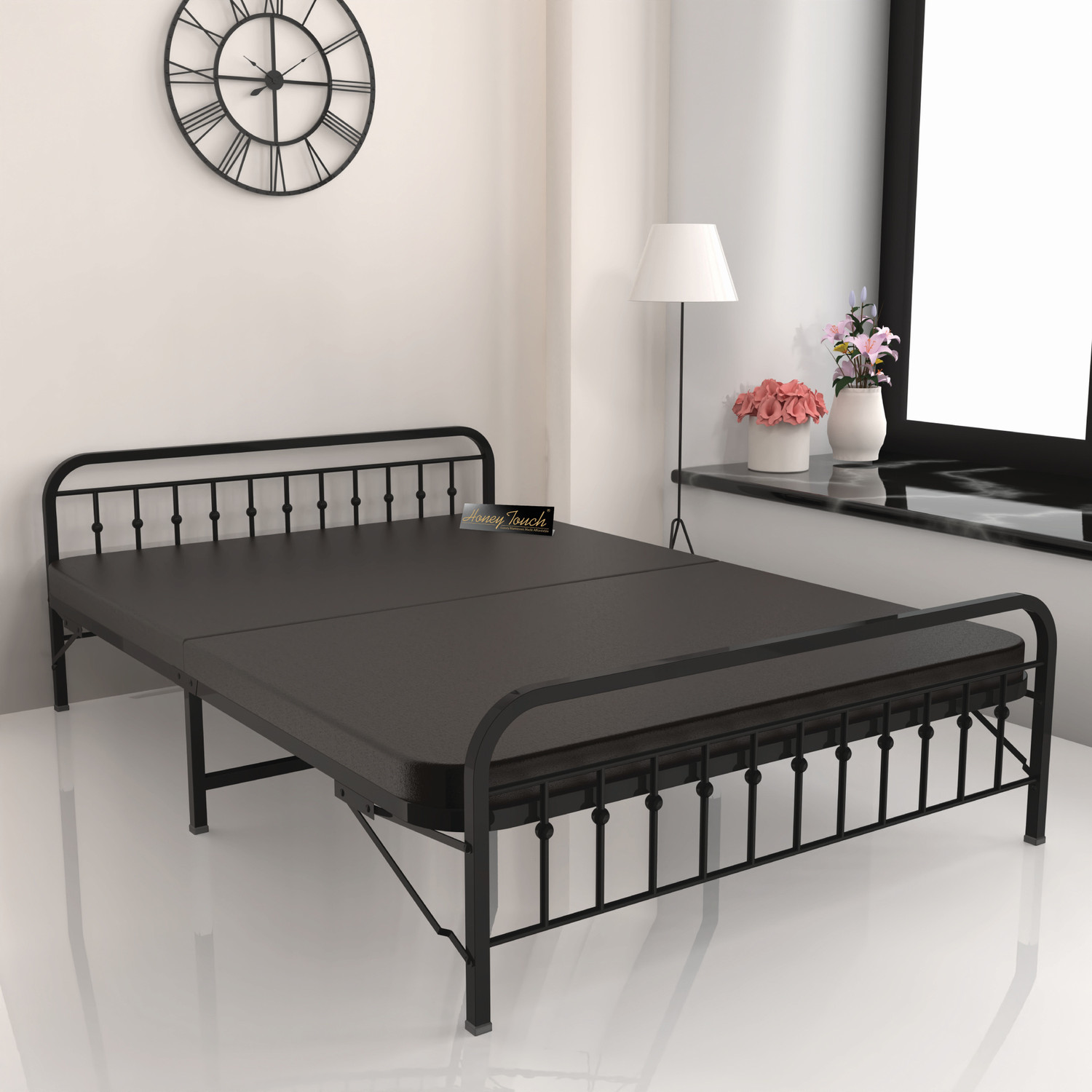 Image of Vibrant Interior ZOPYROSE Metal Double Bed, 190.5 cm x 121.92 cm (6.25 ft x 4.0 ft) (Finish Color - BLACK, Delivery Condition - DIY(Do-It-Yourself))