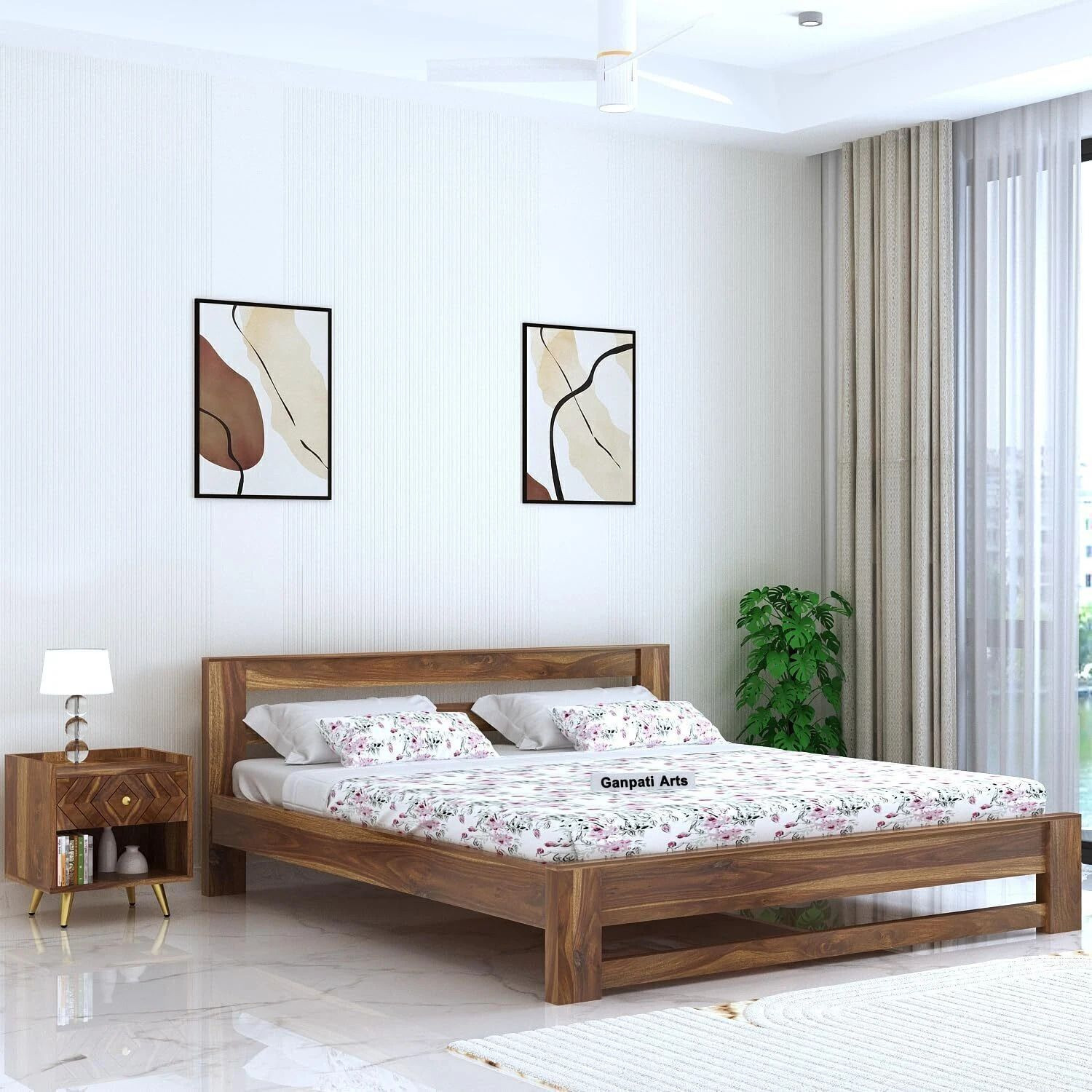 Image of Jh Decore Solid Wood Bed|Wooden Bed| King Size Bed| Sheesham Wood Bed|Bed Without Storage| Solid Wood King Bed, 206 cm x 191 cm (6.76 ft x 6.27 ft) (Finish Color - Walnut Finish, Delivery Condition - DIY(Do-It-Yourself))