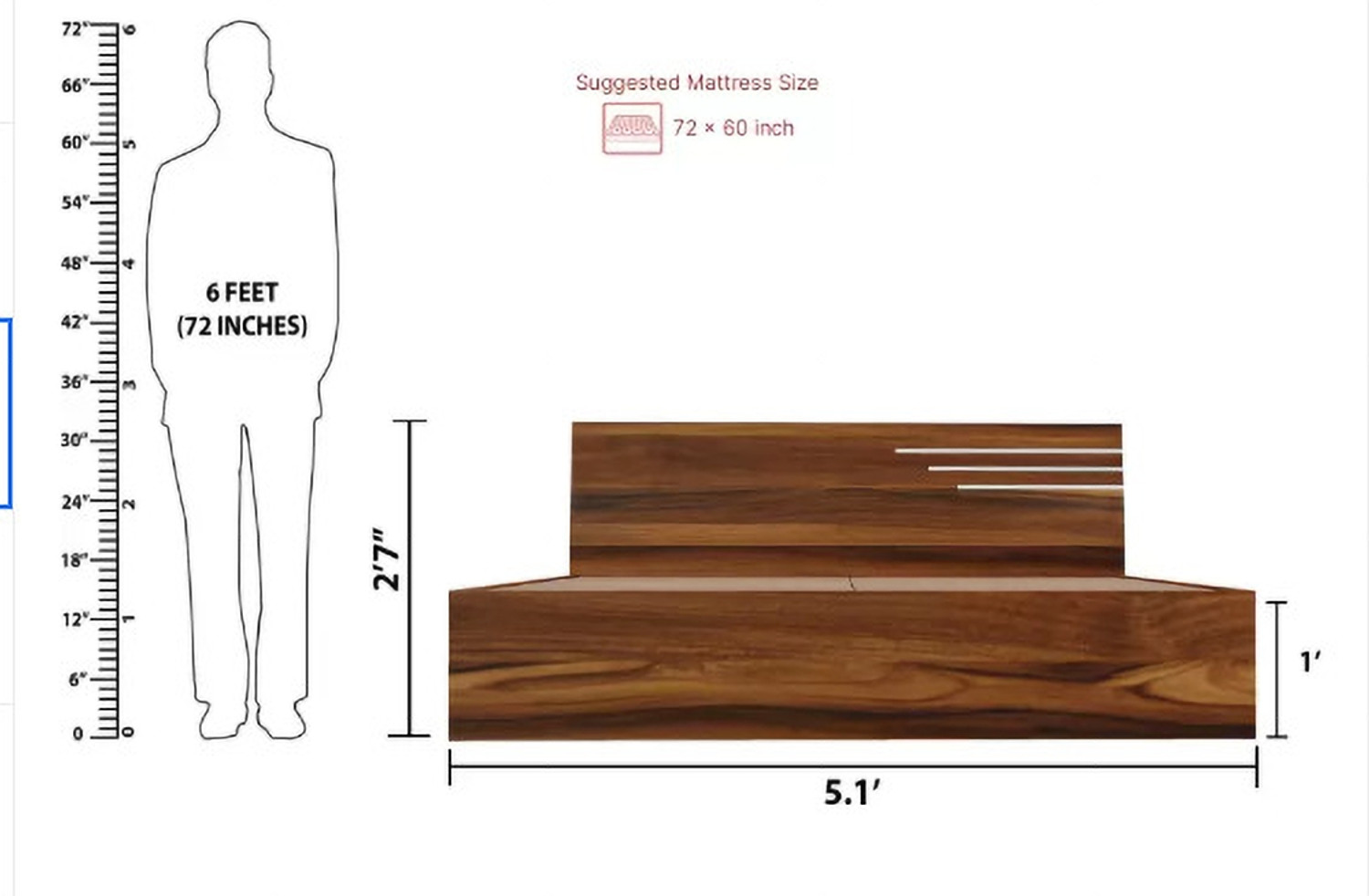 Image of ssb Solid Wood Queen Bed, 80 cm x 150 cm (2.62 ft x 4.92 ft) (Finish Color - brown, Delivery Condition - Pre-assembled)