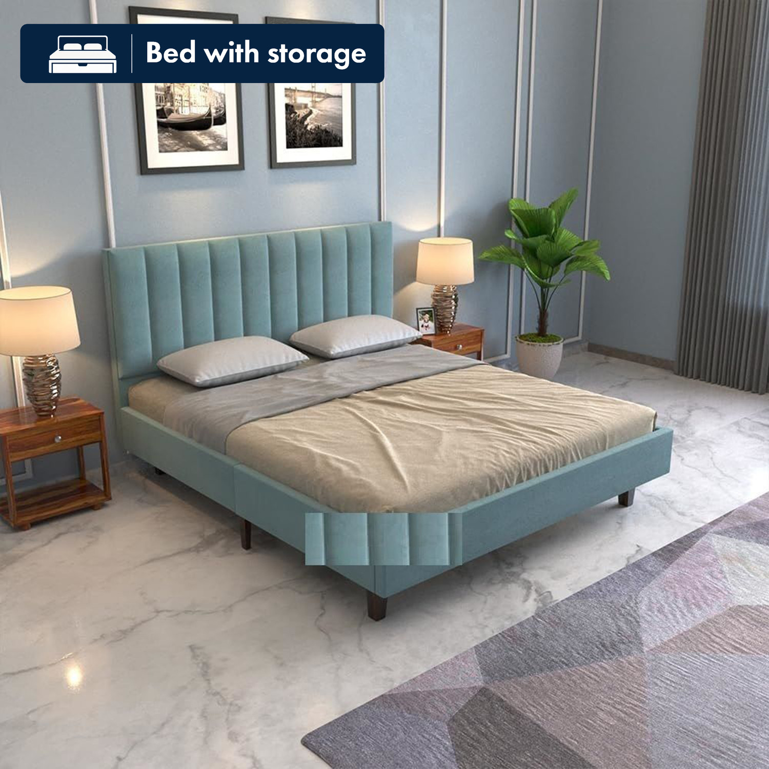 Image of DMKDecor Upholstered Bed with Box Storage Solid Wood Fabric Bed Solid Wood King Box Bed, 213 cm x 190 cm (6.99 ft x 6.23 ft) (Finish Color - Beige, Delivery Condition - DIY(Do-It-Yourself))