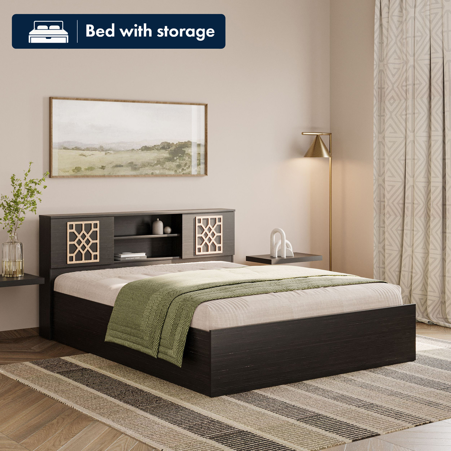 Image of neuspace Amber King Size Bed with Headboard & Box Storage Engineered Wood | Engineered Wood King Box Bed, 221 cm x 194 cm (7.25 ft x 6.36 ft) (Finish Color - Wenge Polycarbonate, Delivery Condition - Knock Down)