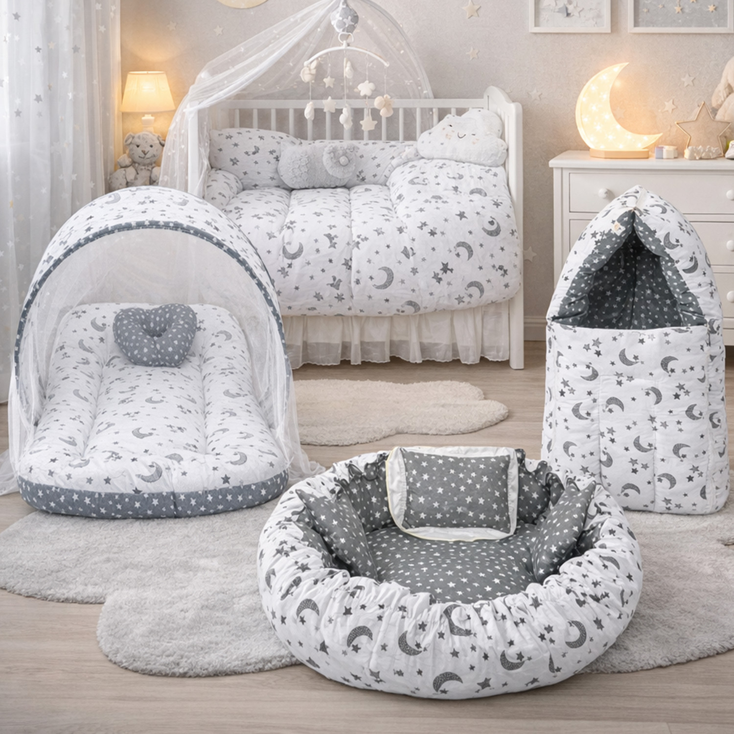 Miss & Chief Cotton Baby Bed Sized Bedding Set (Multicolor, 1 Mattress With Net, 1 Pillow, 1 Carry Bag, 1 Baby Nest With 2 Heart & 1 Pillow) - Image 1
